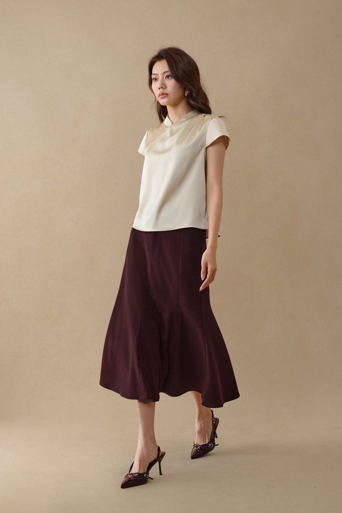 G2000 Blouses Mandarin Collar Pleated Satin Top