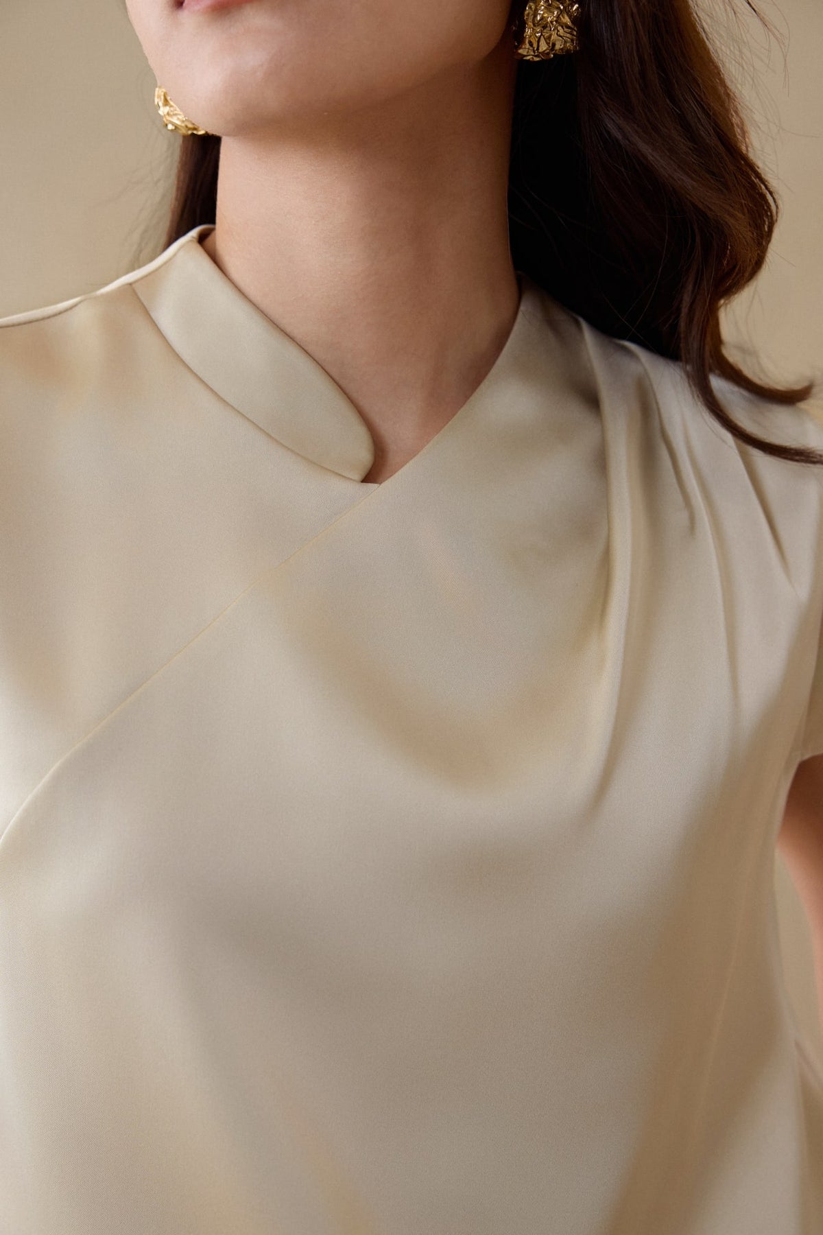 G2000 - Blouses - Mandarin Collar Pleated Satin Top