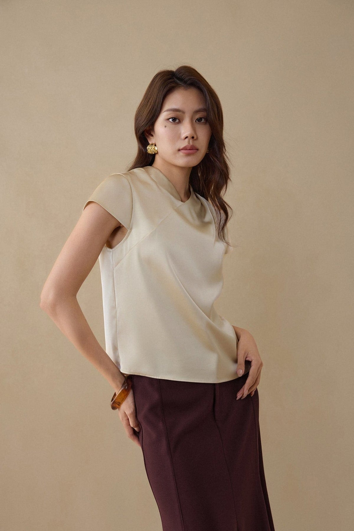 G2000 - Blouses - Mandarin Collar Pleated Satin Top