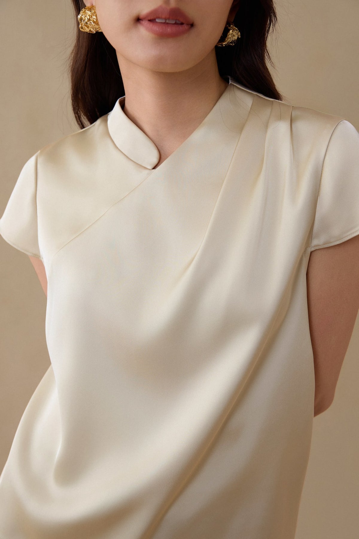 G2000 - Blouses - Mandarin Collar Pleated Satin Top
