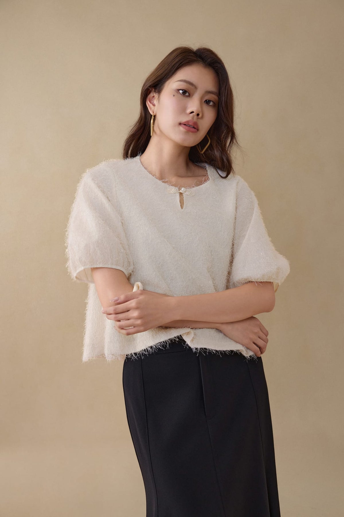 G2000 Blouses Textured Jacquard Top with Knot Detail Egret Regular
