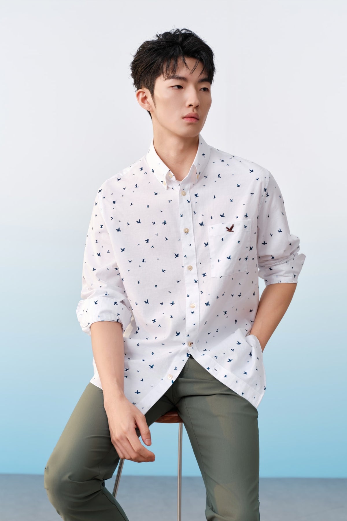 G2000 - Shirts - Non-iron Pure Cotton Oxford Birdy Print Relax Fit Long Sleeve Casual Shirt