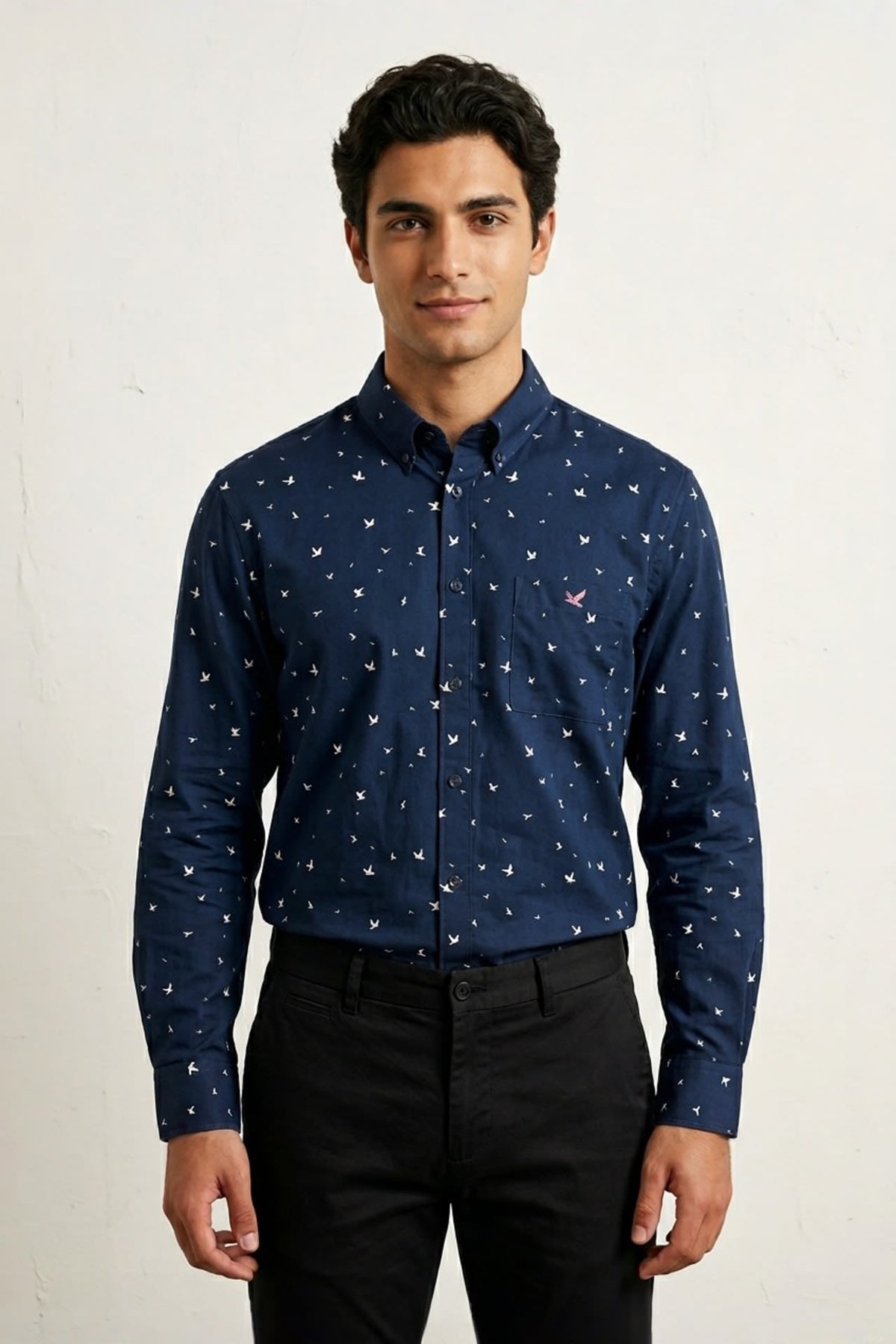 G2000 Shirts Non-iron Pure Cotton Oxford Birdy Print Relax Fit Long Sleeve Casual Shirt Mood Indigo Relaxed