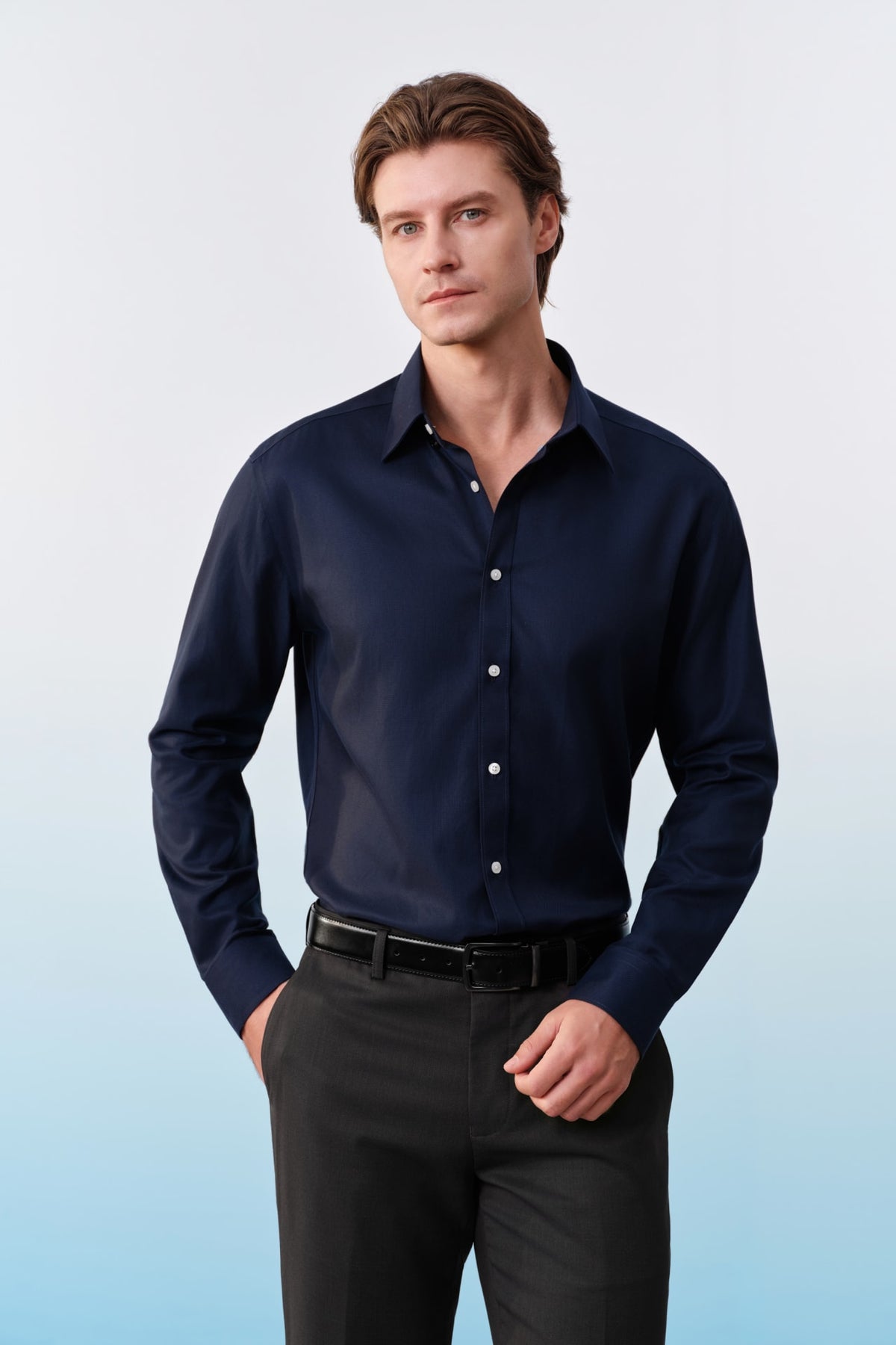 G2000 - Shirts - Non-Iron Cotton Dobby Textured Regular Fit Long Sleeve Shirt - Regular - Estate Blue