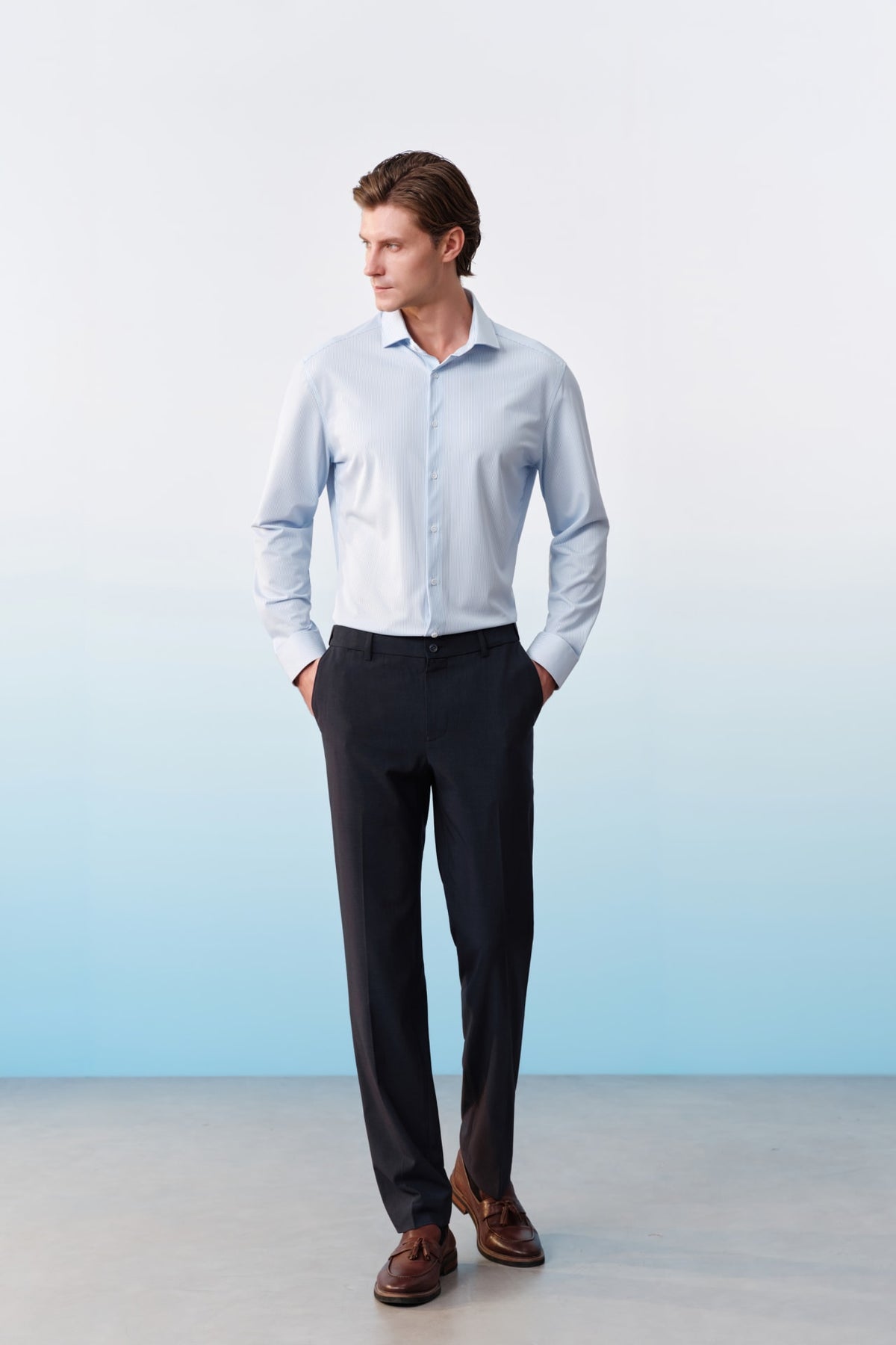 G2000 Shirts Non-Iron Warp Knit Stripe Slim Fit Long Sleeve Shirt