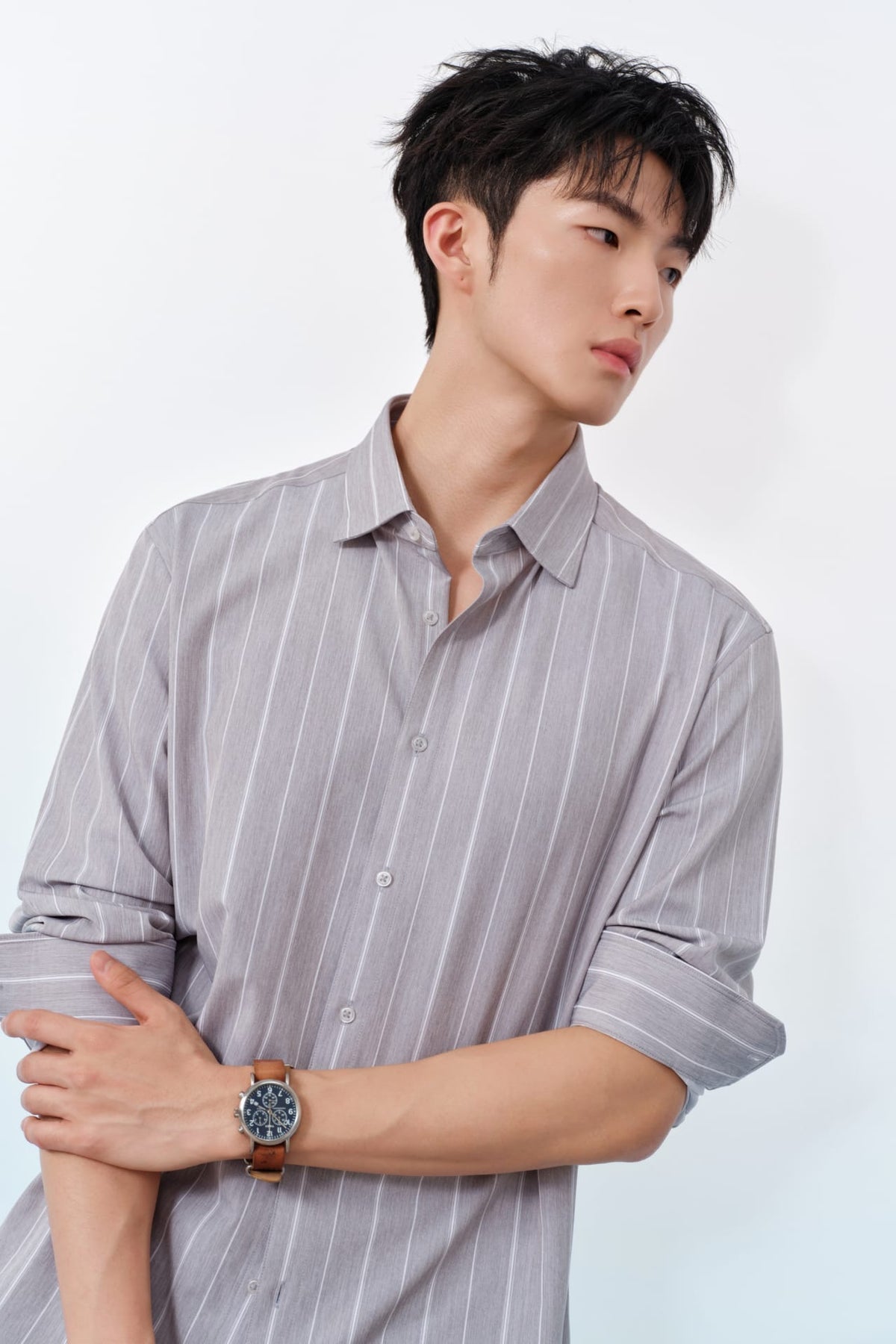 G2000 Shirts Non-Iron Dry Multi-Way Stretch Semi Solid Stripe Smart Fit Long Sleeve Shirt Frost Gray Smart
