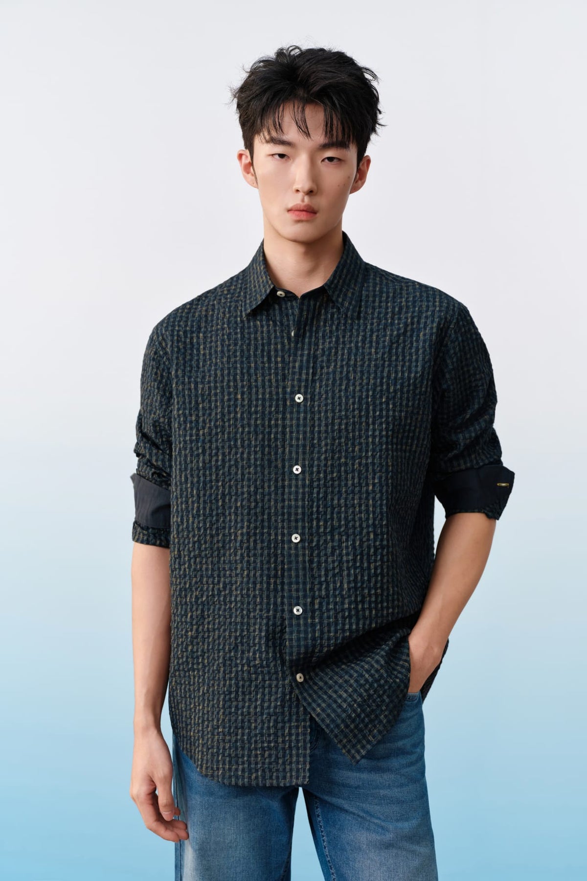 G2000 Shirts Poly Blend Seersucker Check Relax Fit Long Sleeve Casual Shirt Legion Blue Relaxed