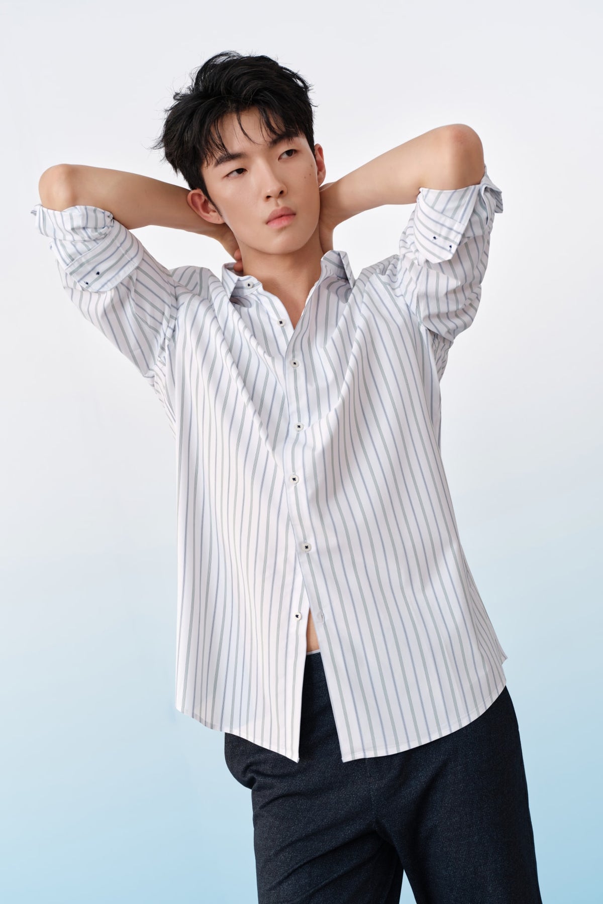 G2000 Shirts Easy Care Opaque Anti UV Stripe Smart Fit Long Sleeve Shirt Fern Green Smart