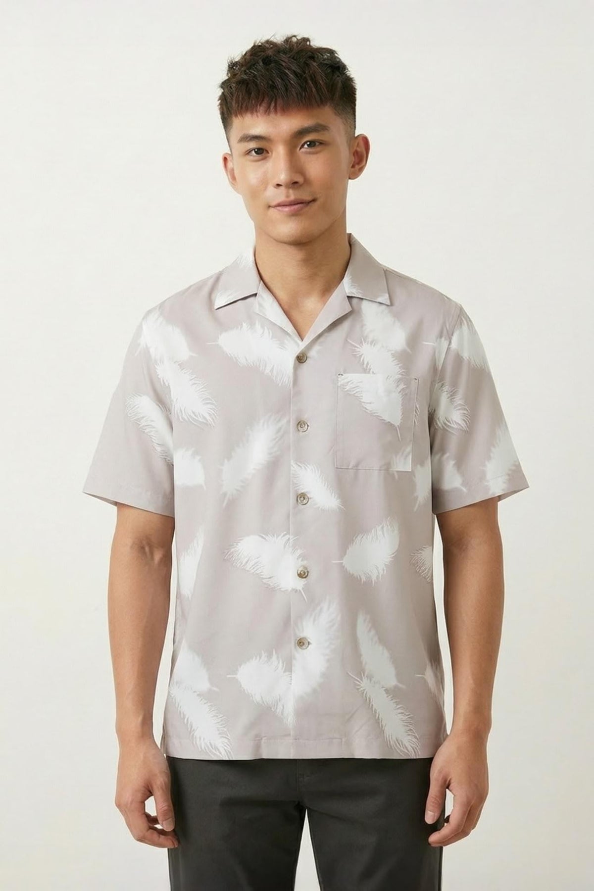 G2000 Shirts Modal Blend Feather Print Relax Fit Short Sleeve Casual Shirt Cameo Rose Relaxed