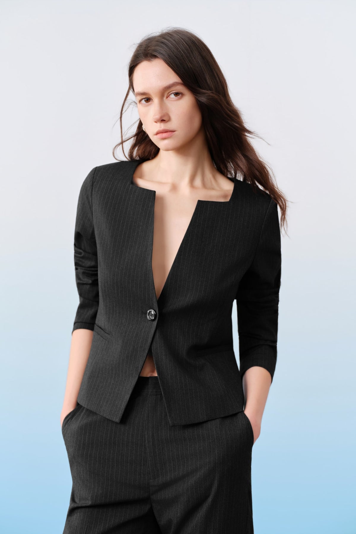 G2000 Suits Cool Touch Stripe Slim Fit Square Neck Suit Blazer Phantom Slim