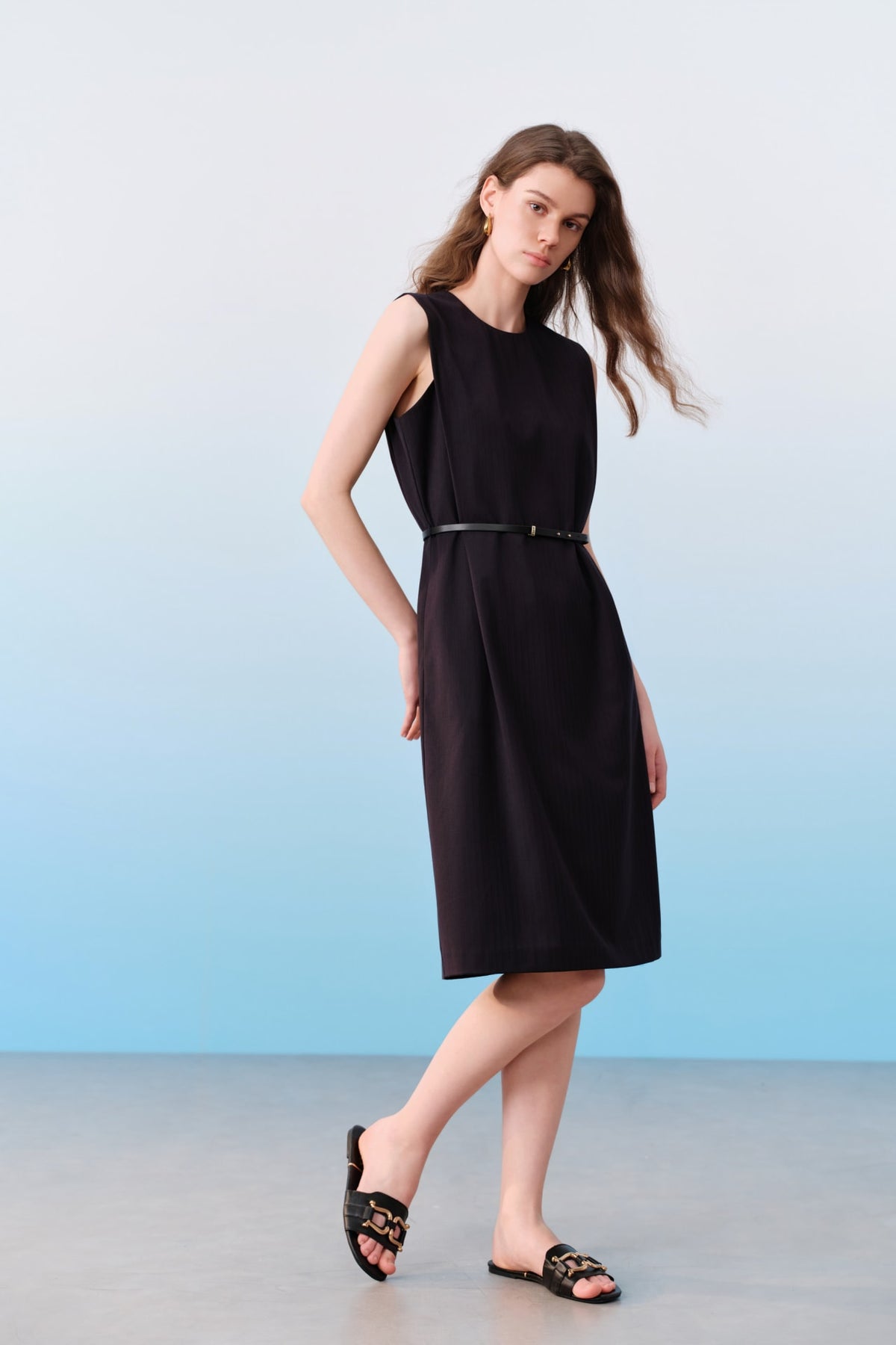 G2000 Dresses Poly Blend Stripe Round Neck Sleeveless Shift Dress With Belt