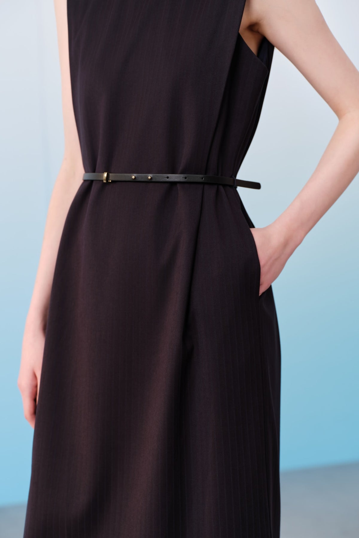 G2000 - Dresses - Poly Blend Stripe Round Neck Sleeveless Shift Dress With Belt