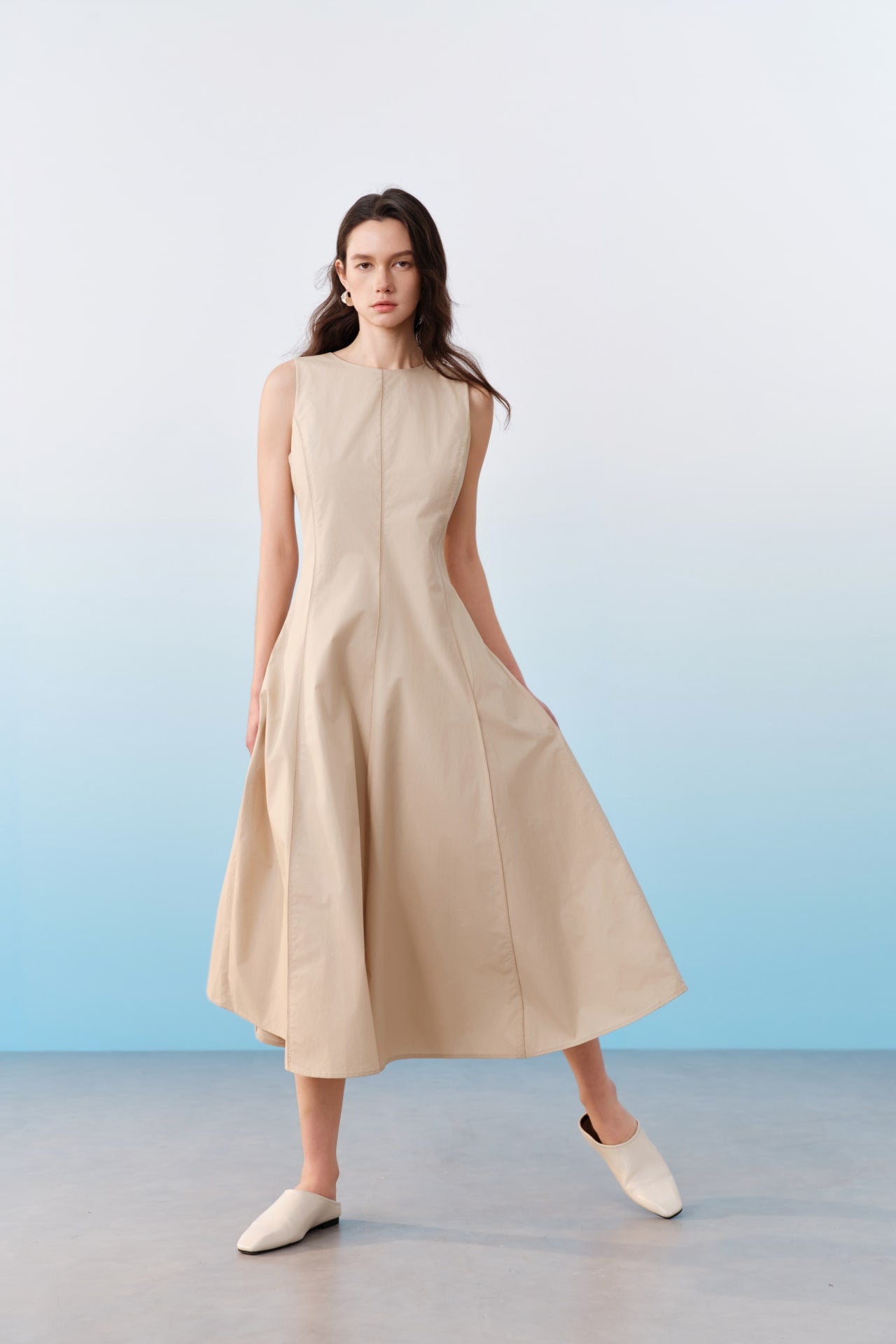 Cotton Poplin Round Neck Sleeveless Fit & Flare Maxi Dress