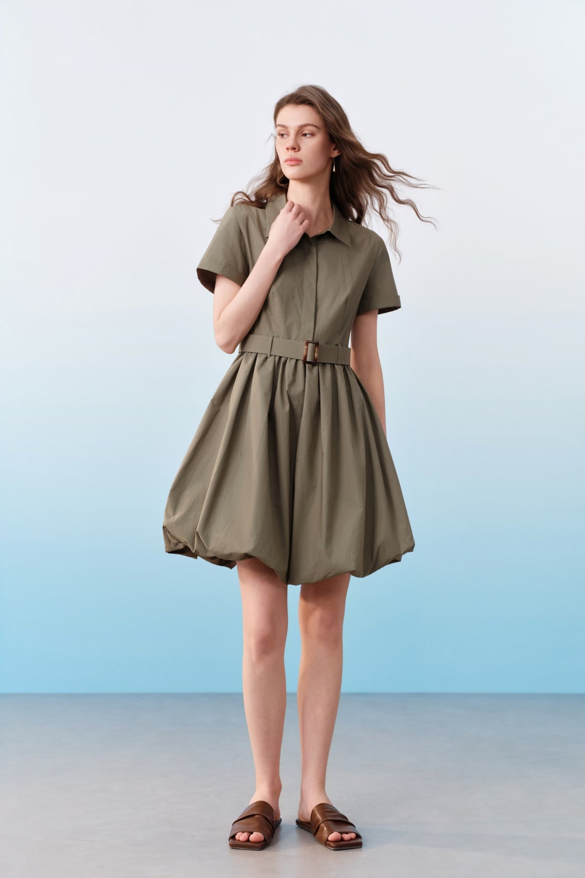 G2000 Dresses Cotton Shirt Collar Bubble Hem Fit & Flare Dress With Self Fabric Tie Clover Fit & Flare