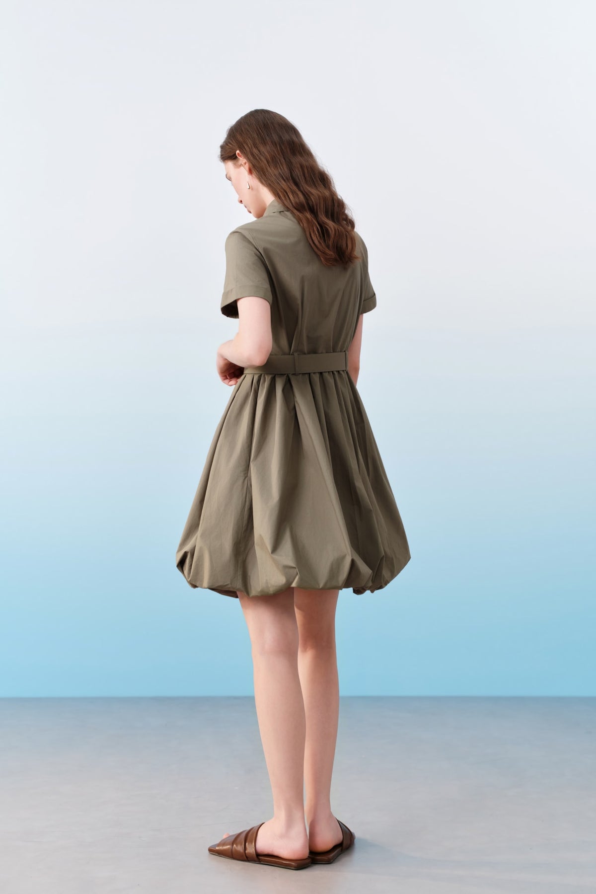 G2000 - Dresses - Cotton Shirt Collar Bubble Hem Fit & Flare Dress With Self Fabric Tie