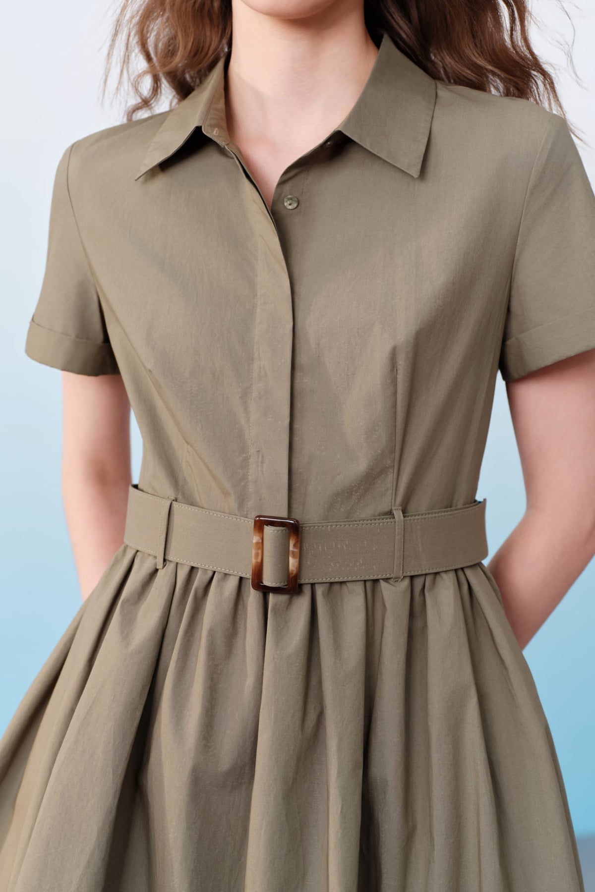 G2000 - Dresses - Cotton Shirt Collar Bubble Hem Fit & Flare Dress With Self Fabric Tie