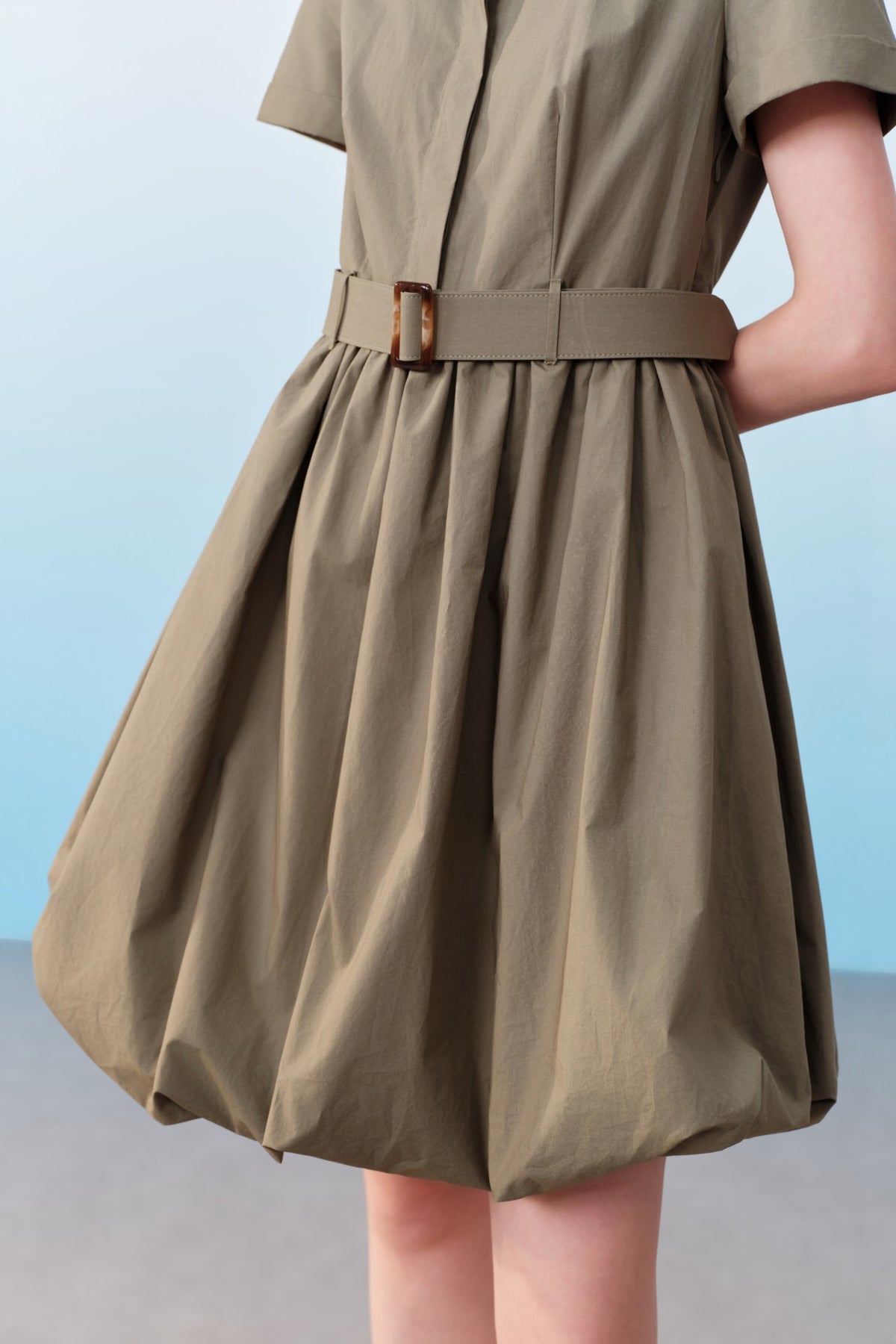 G2000 - Dresses - Cotton Shirt Collar Bubble Hem Fit & Flare Dress With Self Fabric Tie