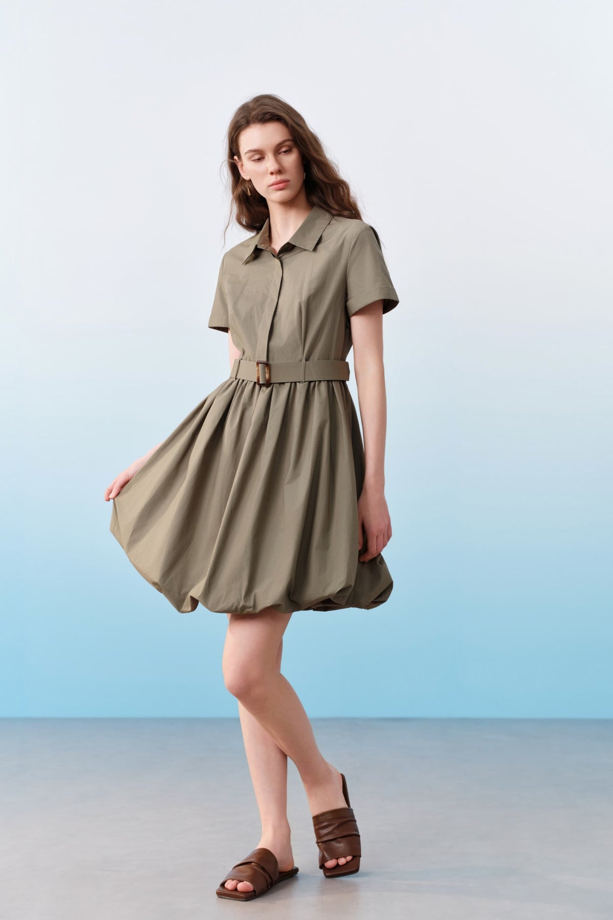 G2000 - Dresses - Cotton Shirt Collar Bubble Hem Fit & Flare Dress With Self Fabric Tie
