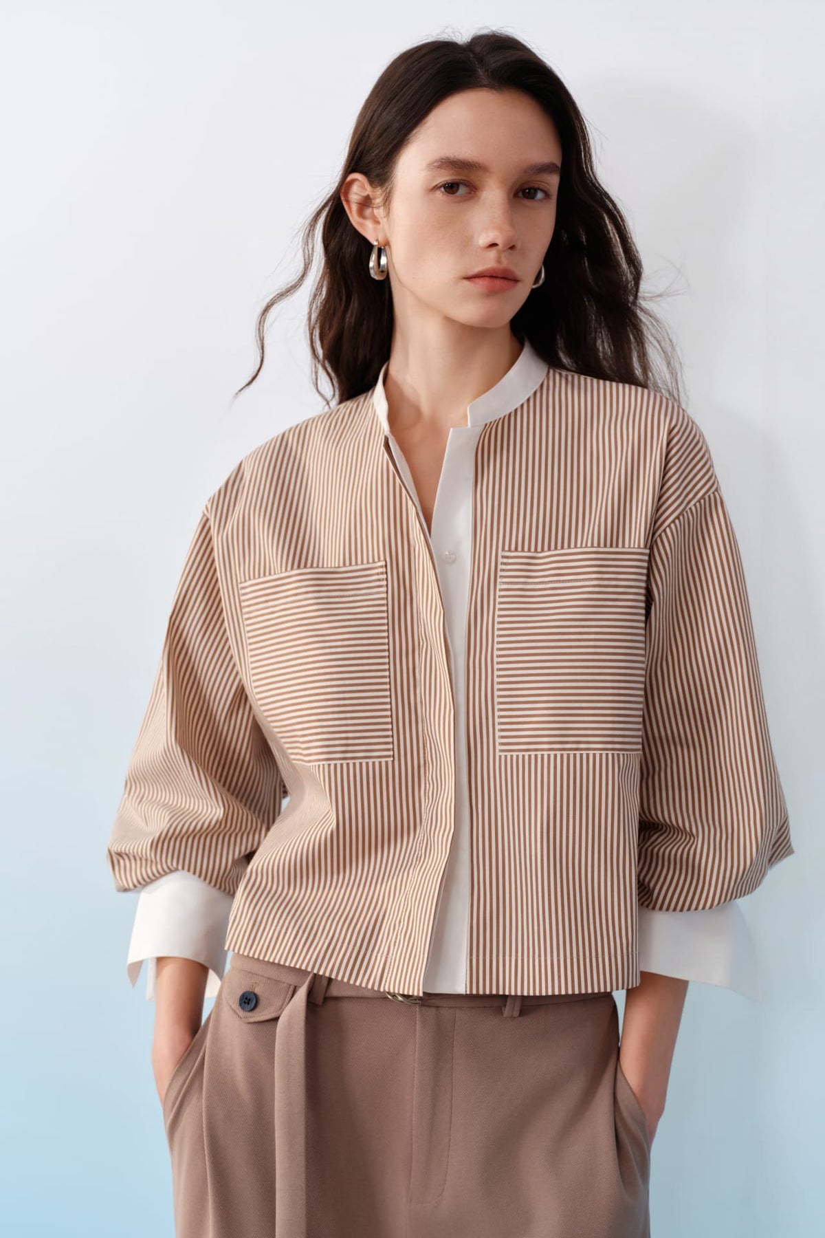 G2000 Shirts Striped Contrast Panel Cropped Relax Fit Casual Shirt Coffee Relaxed