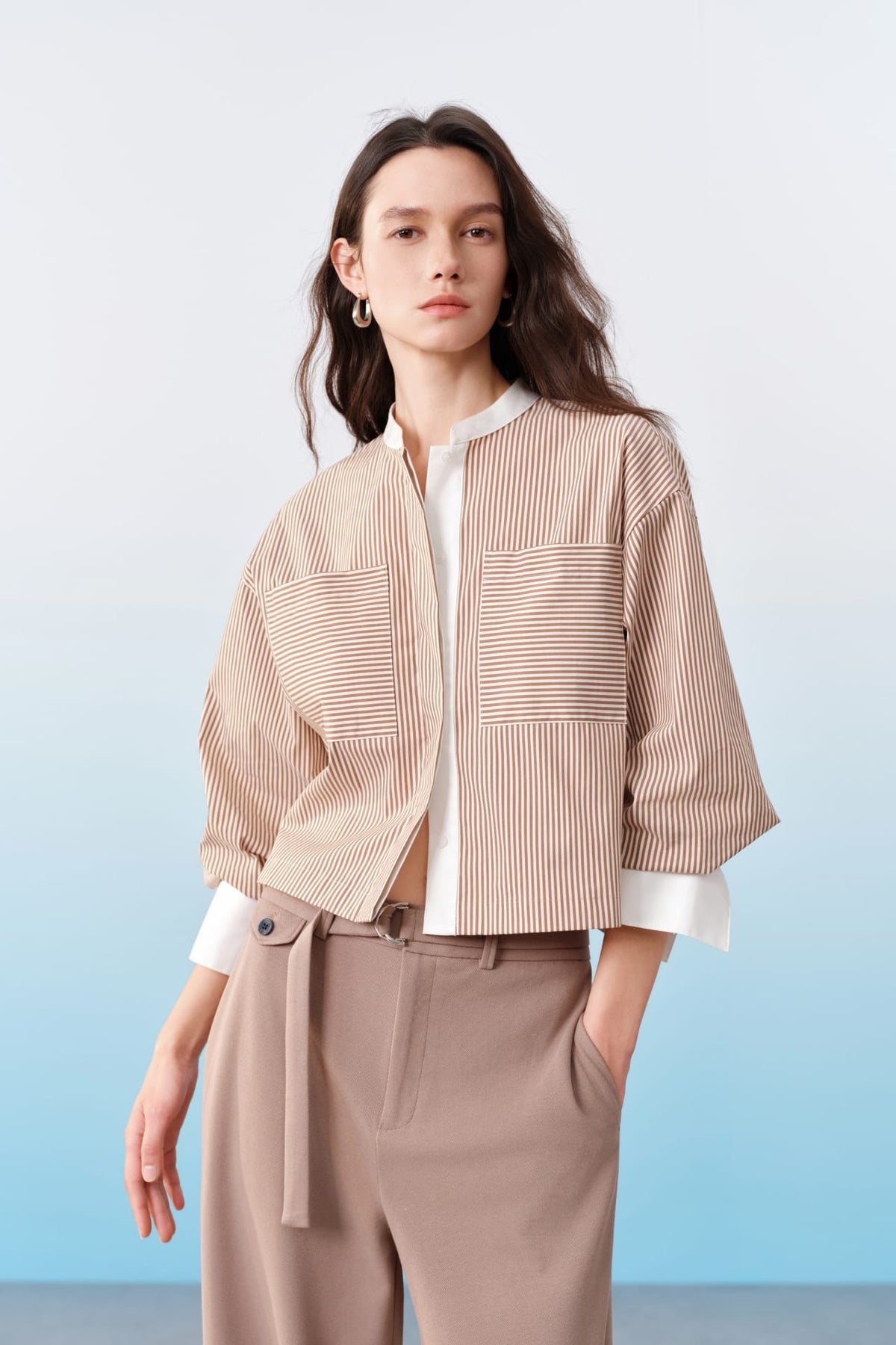 G2000 Shirts Striped Contrast Panel Cropped Relax Fit Casual Shirt