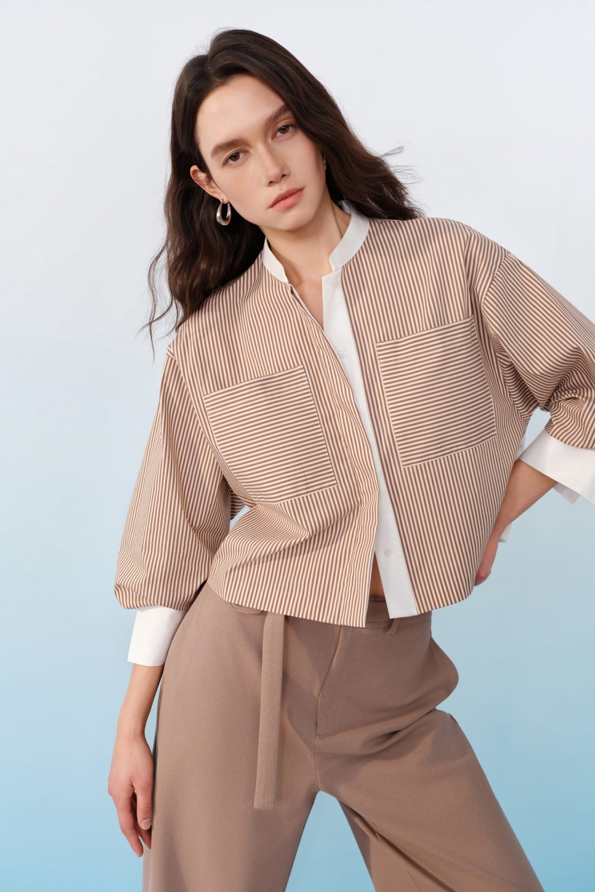 G2000 Shirts Striped Contrast Panel Cropped Relax Fit Casual Shirt
