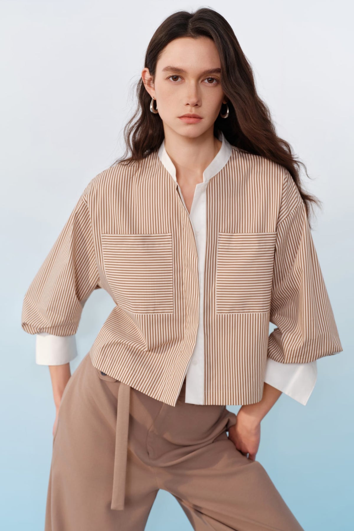 G2000 Shirts Striped Contrast Panel Cropped Relax Fit Casual Shirt