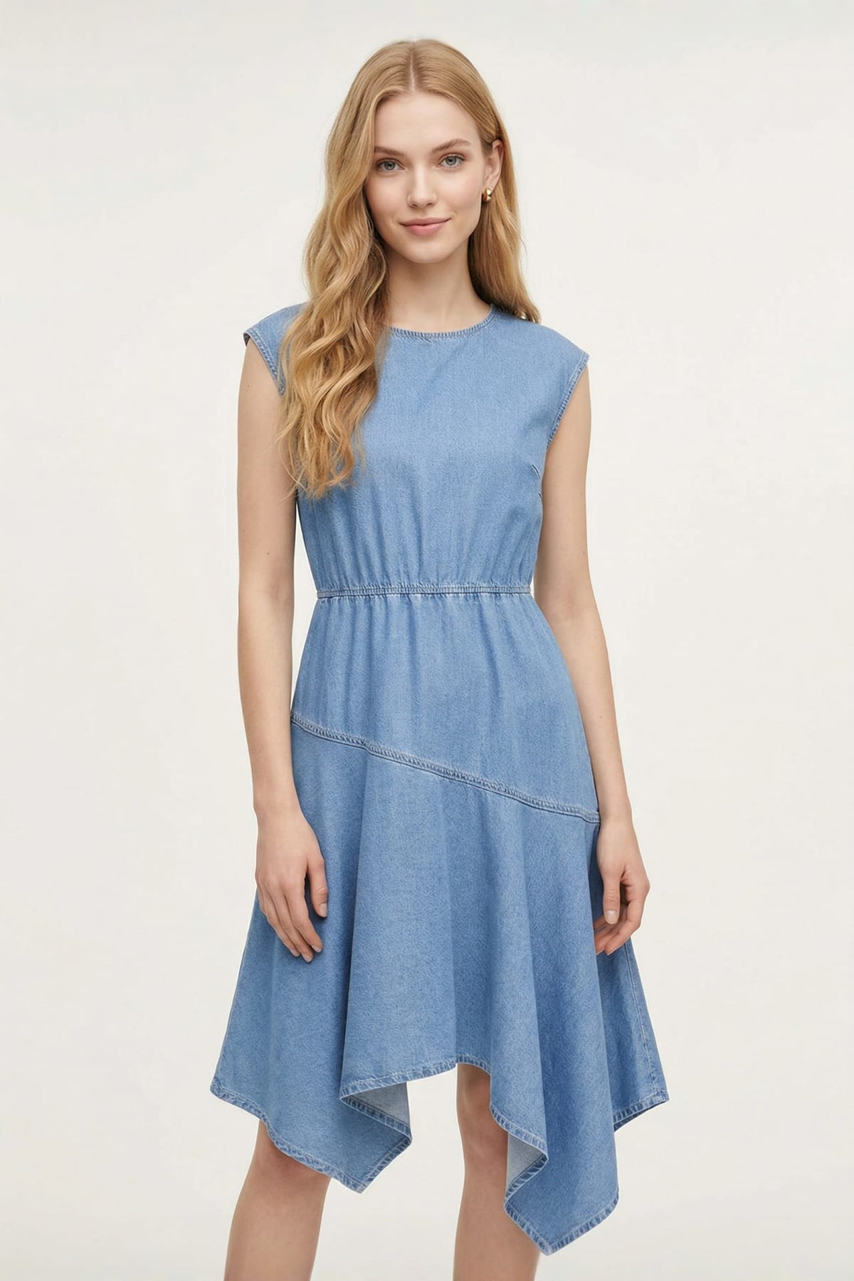 G2000 Dresses Handkerchief Hem Round Neck Denim Midi Dress With Belt Voyage Blue Comfort - Fit & Flare