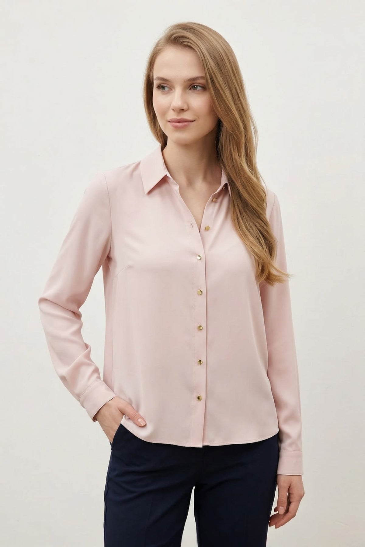G2000 Blouses Anti Uv Back Crepe Shirt Collar Regular Fit Long Sleeve Blouse With Necklace Rose Smoke Regular