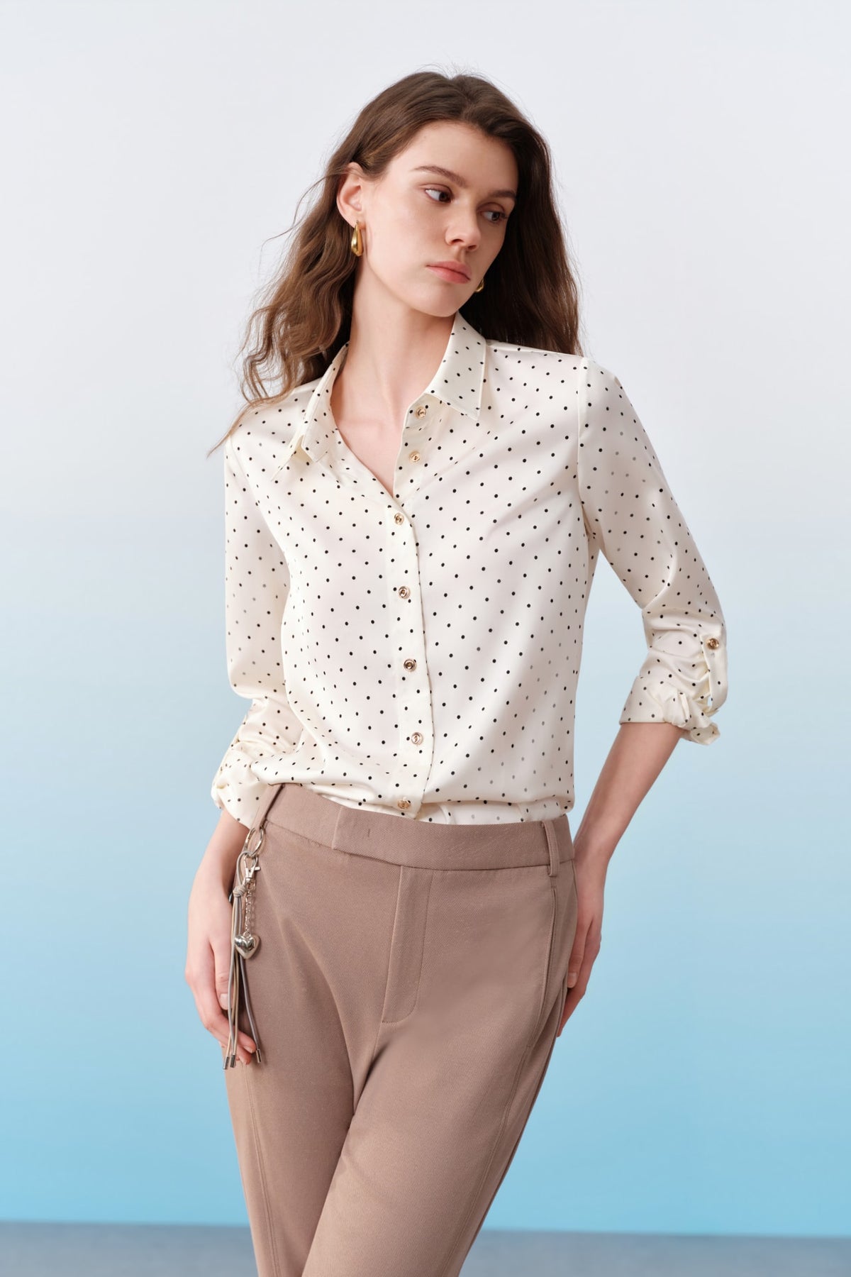 G2000 Blouses Polka Dot Print Regular Fit Roll Long Sleeve Blouse Ivory Regular