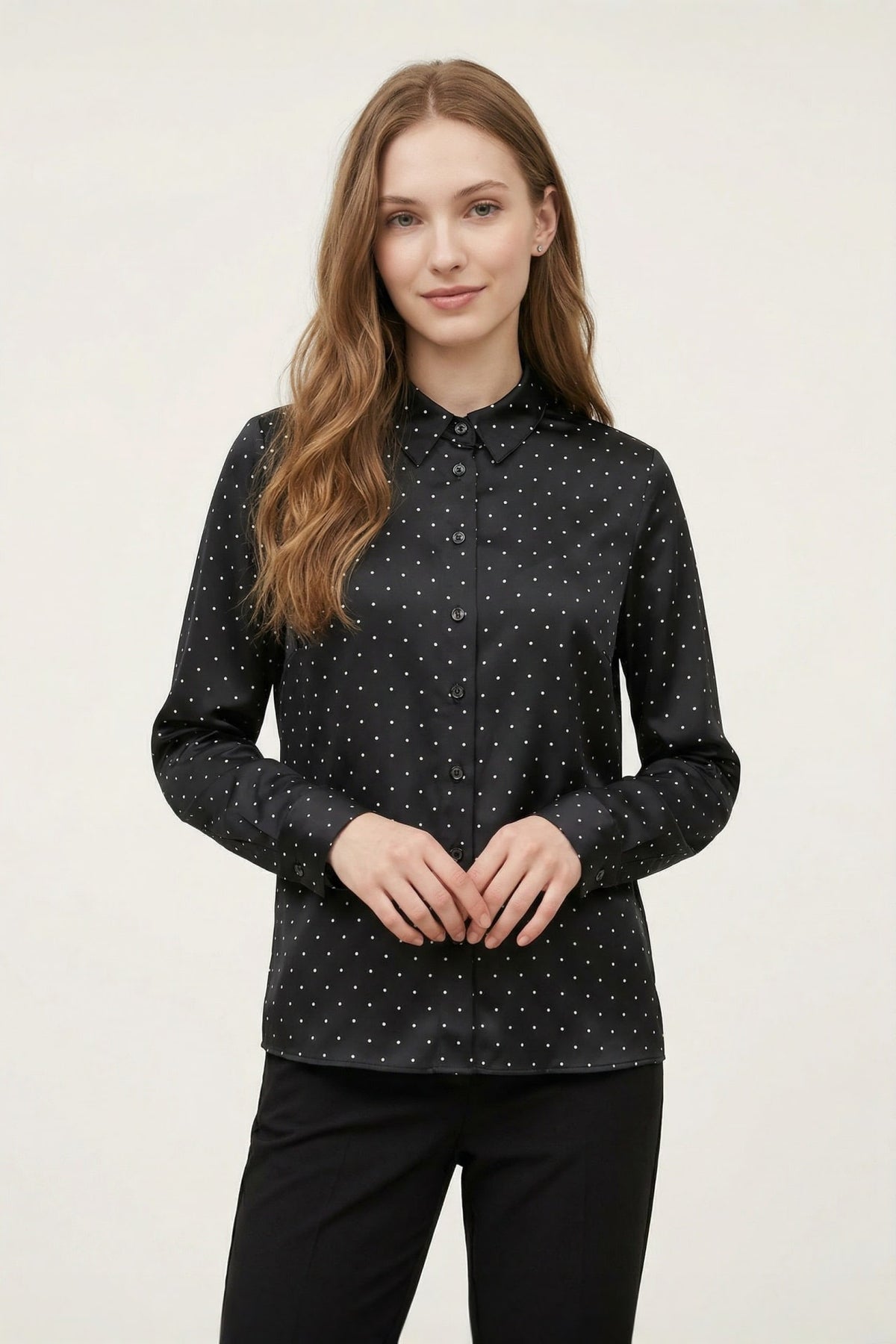 G2000 Blouses Polka Dot Print Regular Fit Roll Long Sleeve Blouse Black Regular