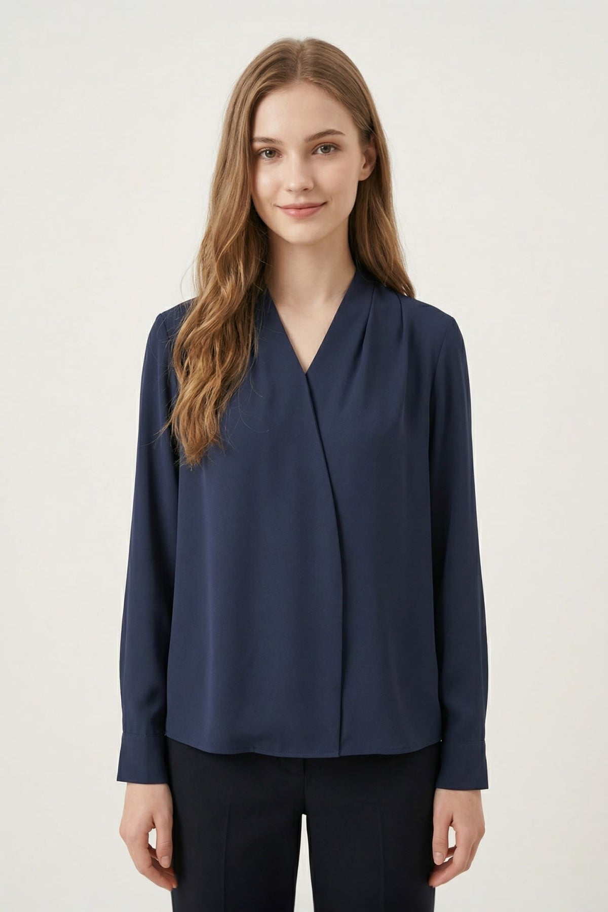 G2000 - Blouses - Anti UV Pleated Shoulder Regular Fit V-Neck Long Sleeve Blouse - Dark Navy - Regular