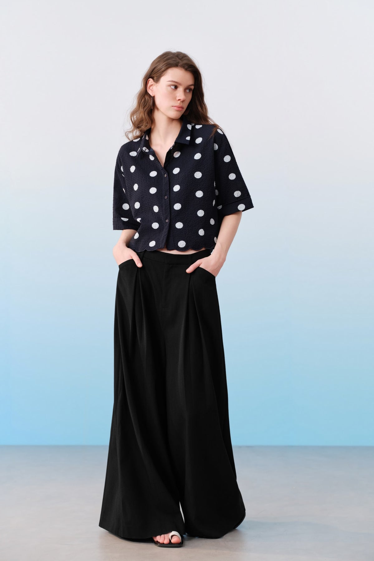 G2000 - Blouses - Polka Dot Scallop Hem Relax Fit Short Sleeve Shirt