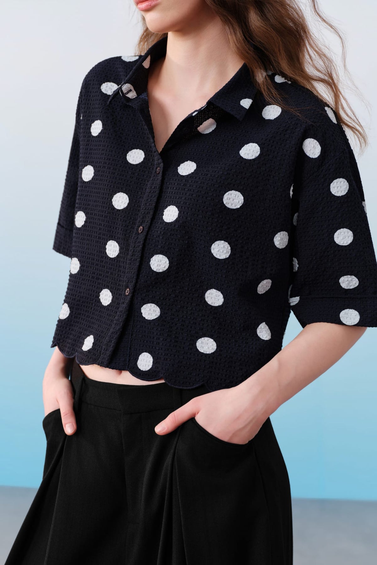 G2000 - Blouses - Polka Dot Scallop Hem Relax Fit Short Sleeve Shirt