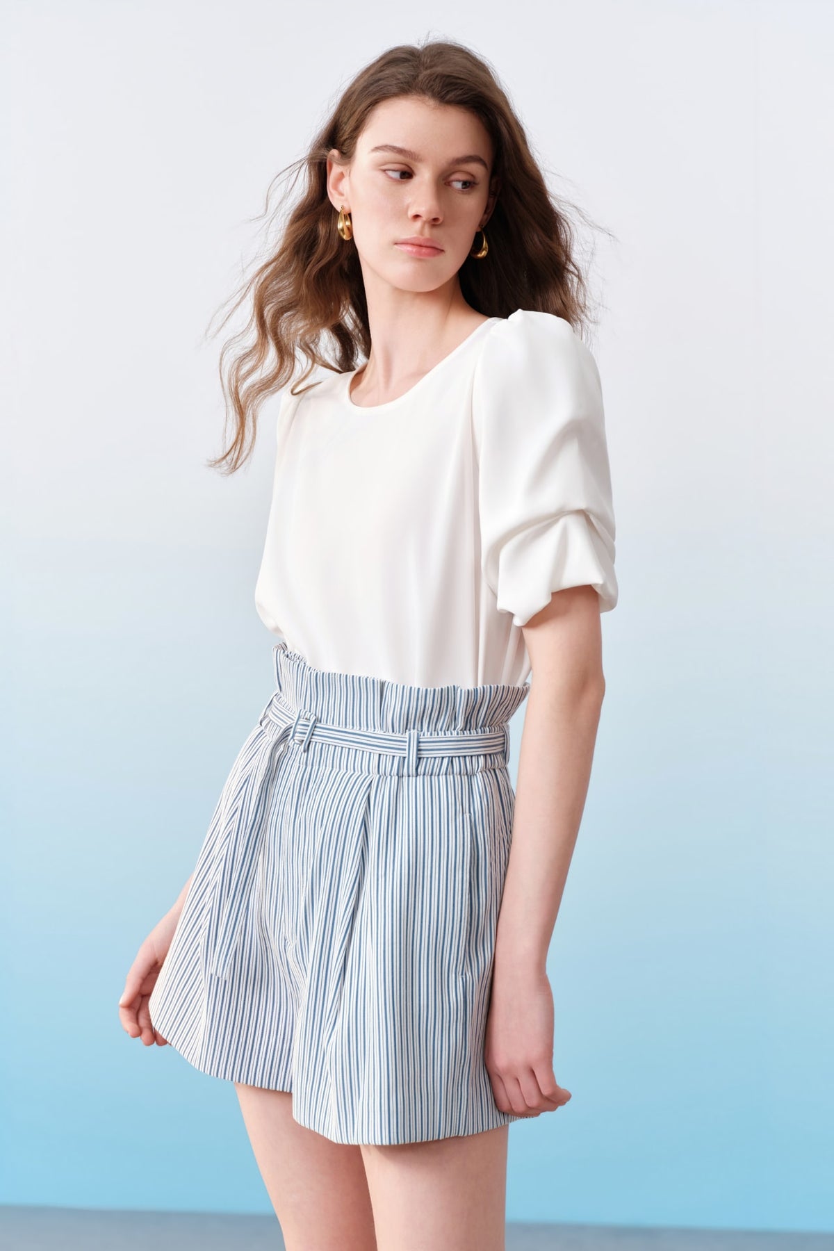 G2000 Blouses Anti UV Back Crepe Regular Fit Round Neck Ruched Short Sleeve Shirt Star White Regular