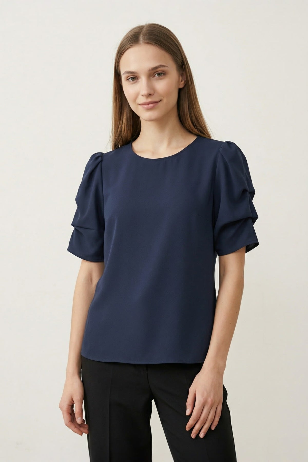 G2000 Blouses Anti UV Back Crepe Regular Fit Round Neck Ruched Short Sleeve Shirt Dark Navy Regular