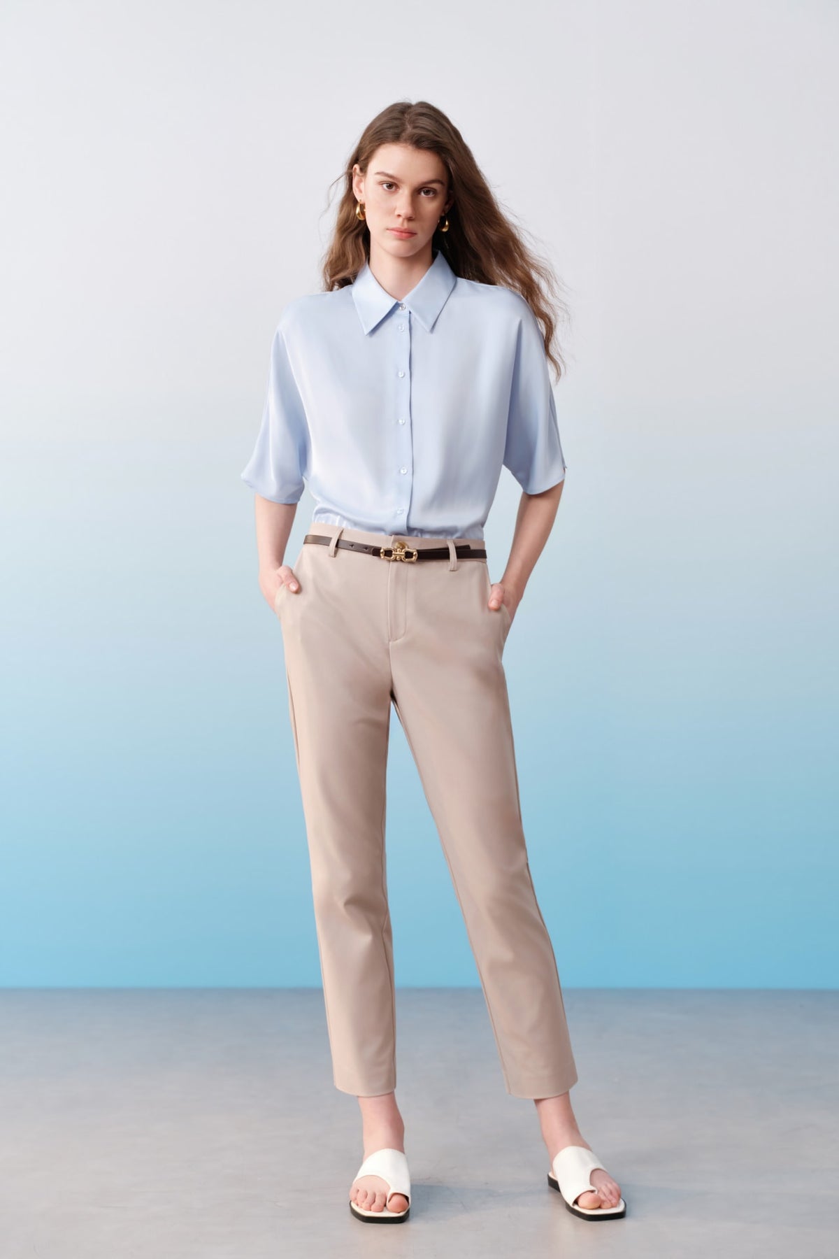 G2000 - Blouses - Satin Shirt Collar Relax Fit Batwing Short Sleeve Shirt