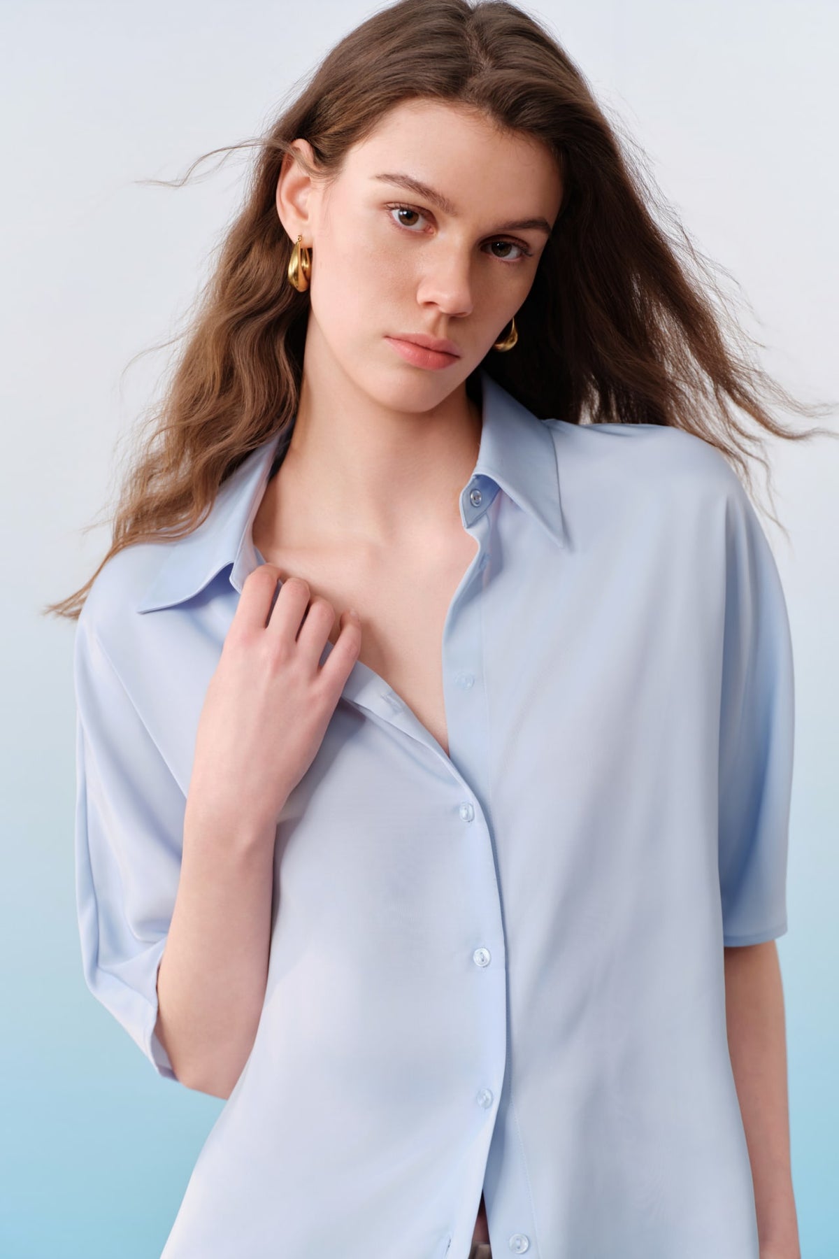 G2000 - Blouses - Satin Shirt Collar Relax Fit Batwing Short Sleeve Shirt