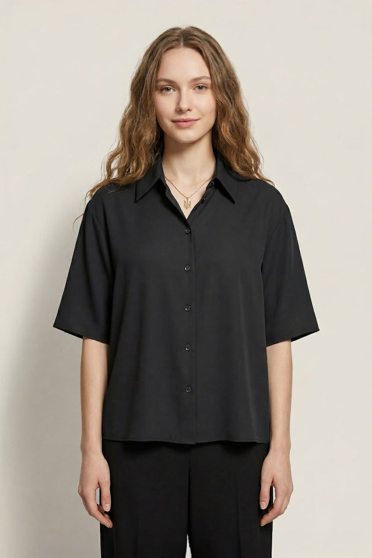 G2000 - Blouses - Satin Shirt Collar Relax Fit Batwing Short Sleeve Shirt - Relaxed - Black