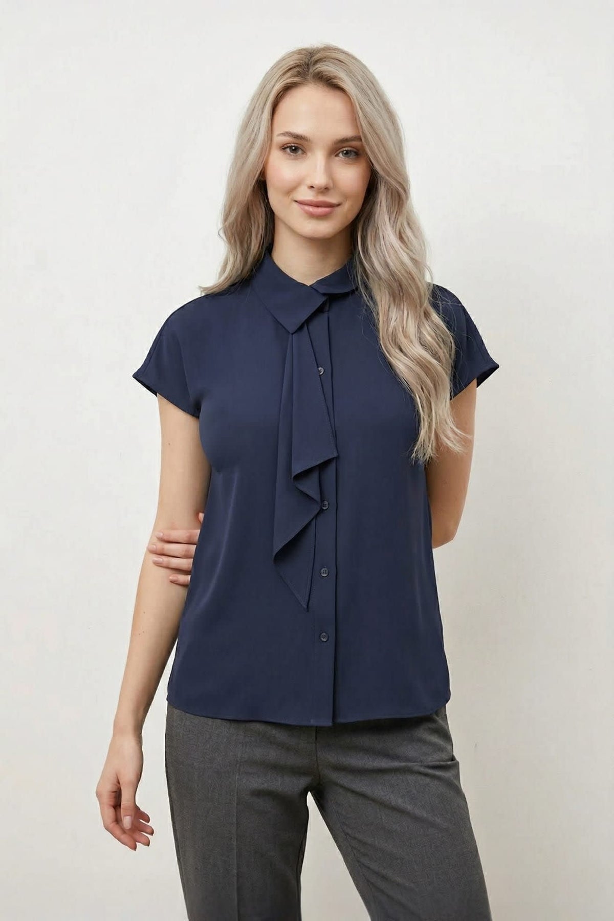 G2000 - Blouses - Anti UV Asymmetric Stand Collar Regular Fit Short Sleeve Shirt - Regular - Dark Navy