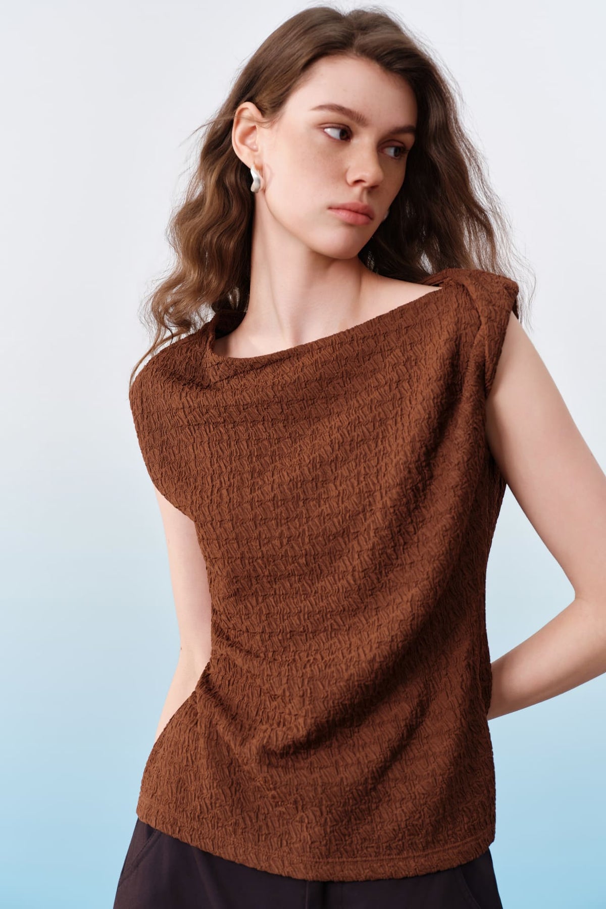G2000 T-Shirts Irregular Twist Shoulder Texture Knit Tank Top