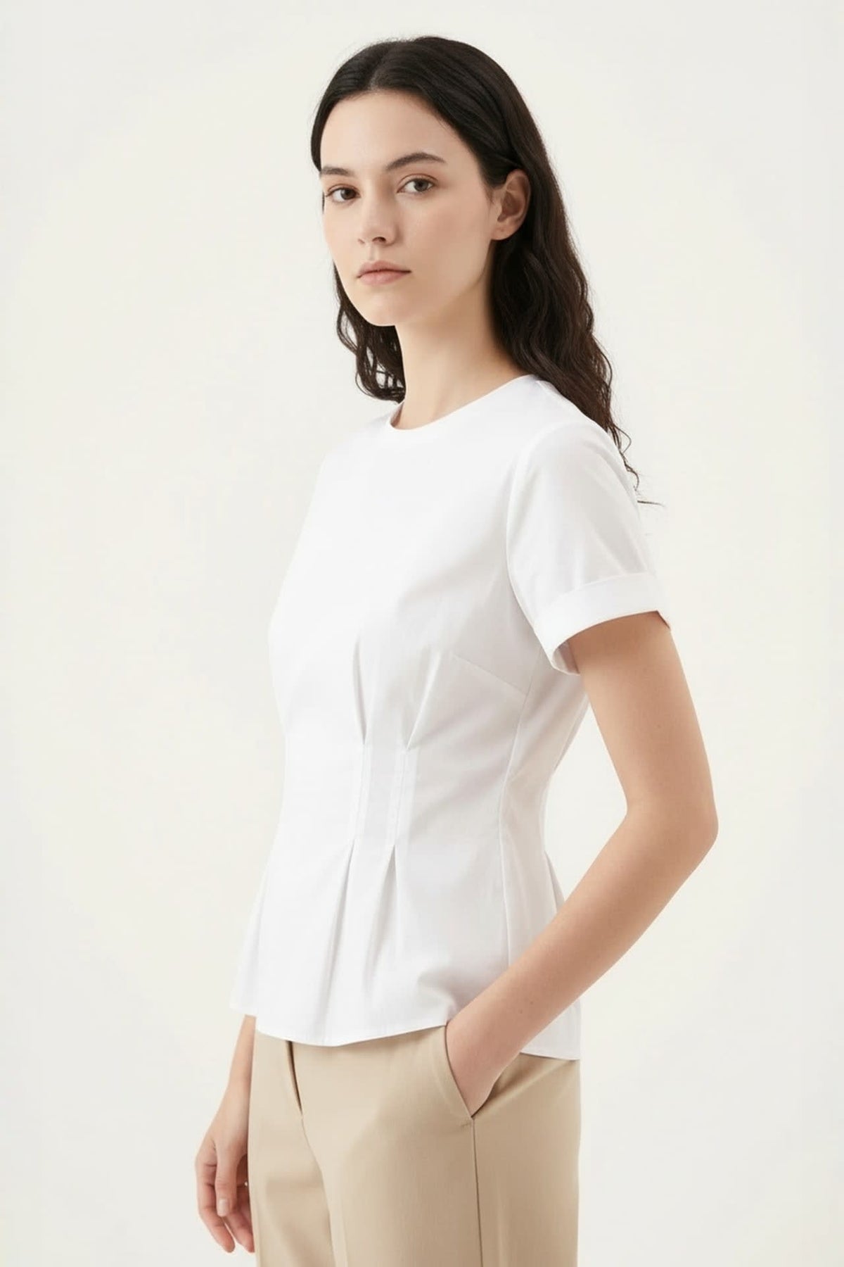 G2000 Blouses Pleated Cotton Poplin Stretch Round Neck Regular Fit Short Sleeve Shirt With Self Fabric Tie Star White Regular