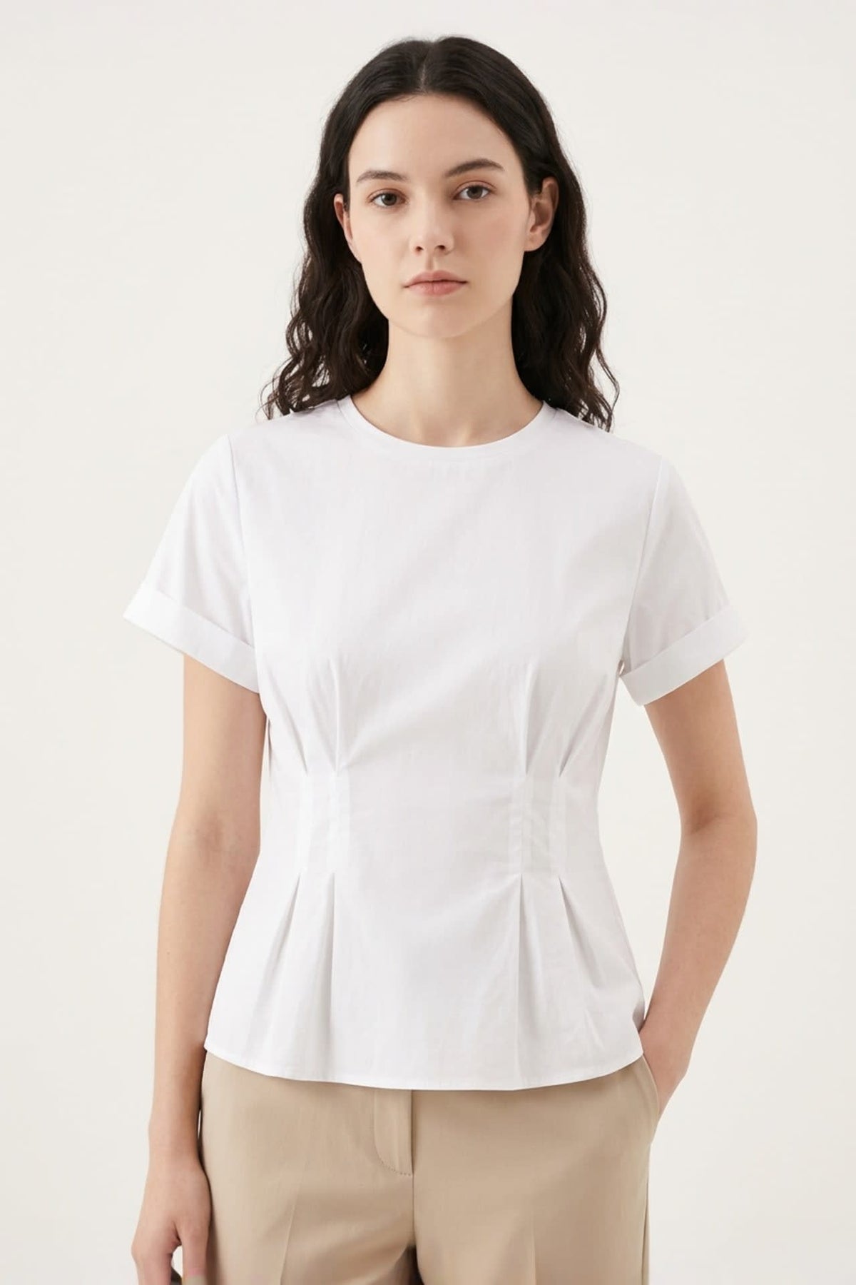 G2000 Blouses Pleated Cotton Poplin Stretch Round Neck Regular Fit Short Sleeve Shirt With Self Fabric Tie