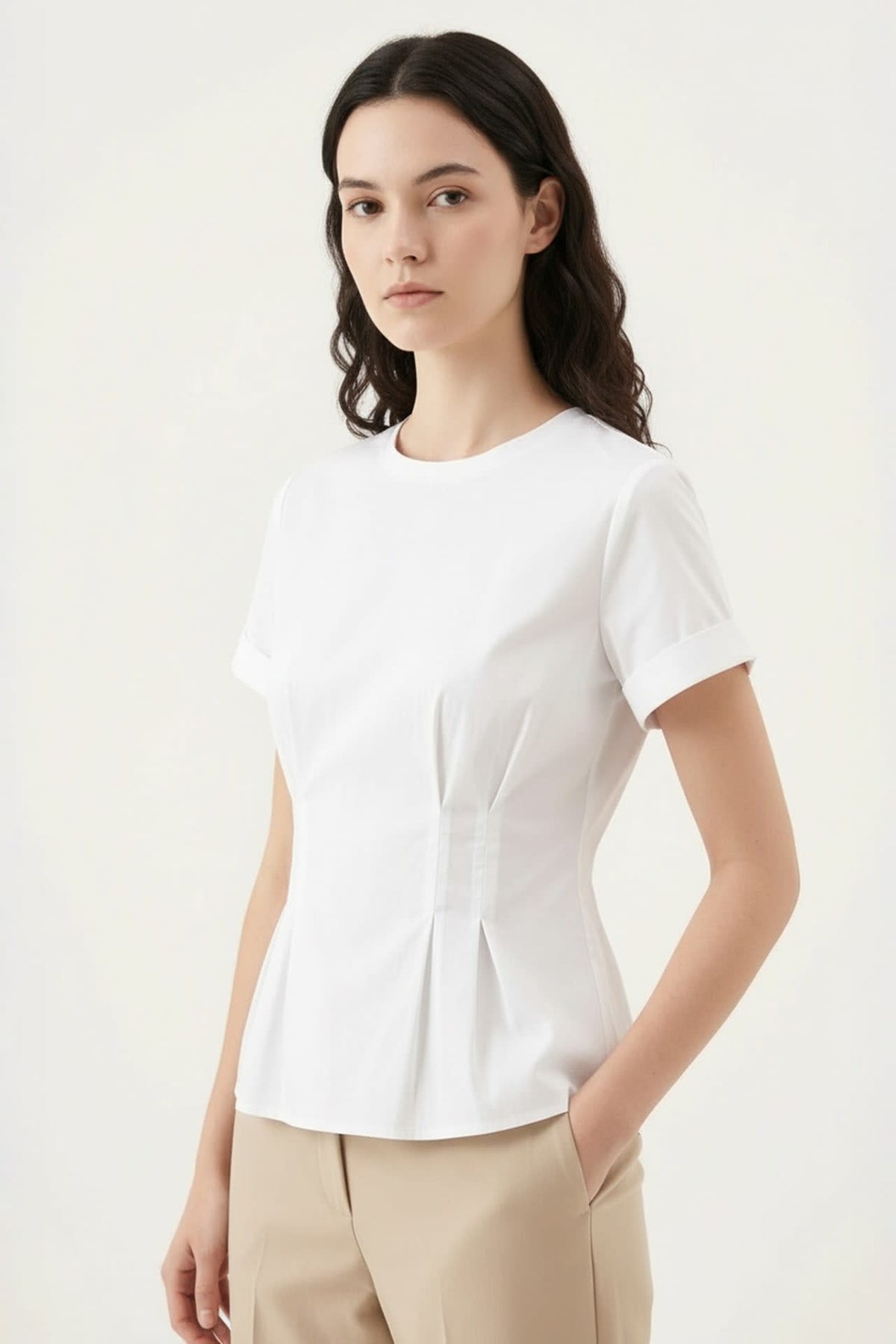 G2000 - Blouses - Pleated Cotton Poplin Stretch Round Neck Regular Fit Short Sleeve Shirt With Self Fabric Tie