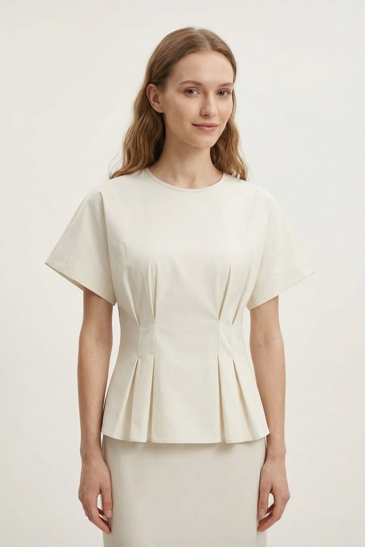 G2000 - Blouses - Pleated Cotton Poplin Stretch Round Neck Regular Fit Short Sleeve Shirt With Self Fabric Tie - Regular - Moonstruck