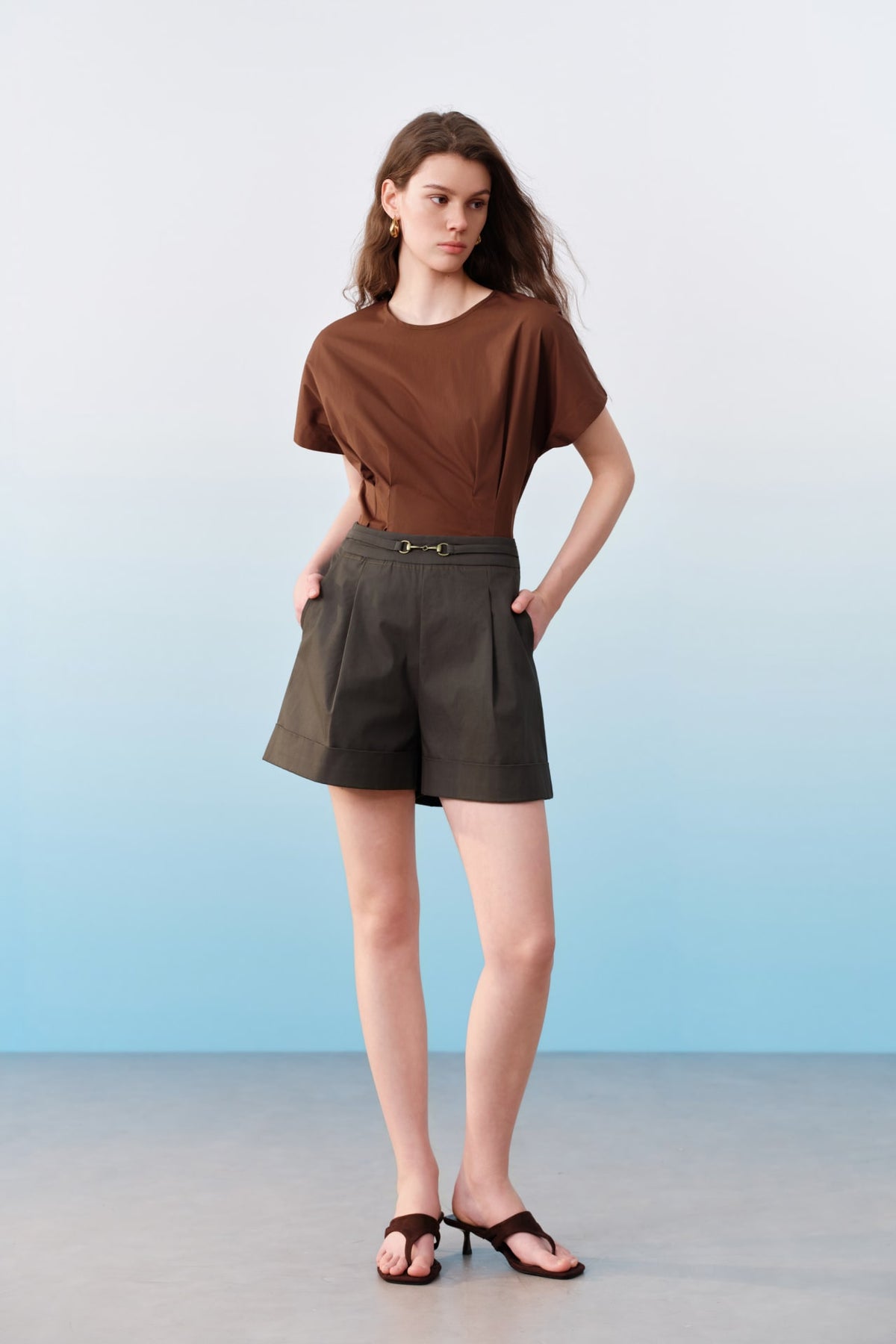 G2000 - Blouses - Pleated Cotton Poplin Stretch Round Neck Regular Fit Short Sleeve Shirt With Self Fabric Tie