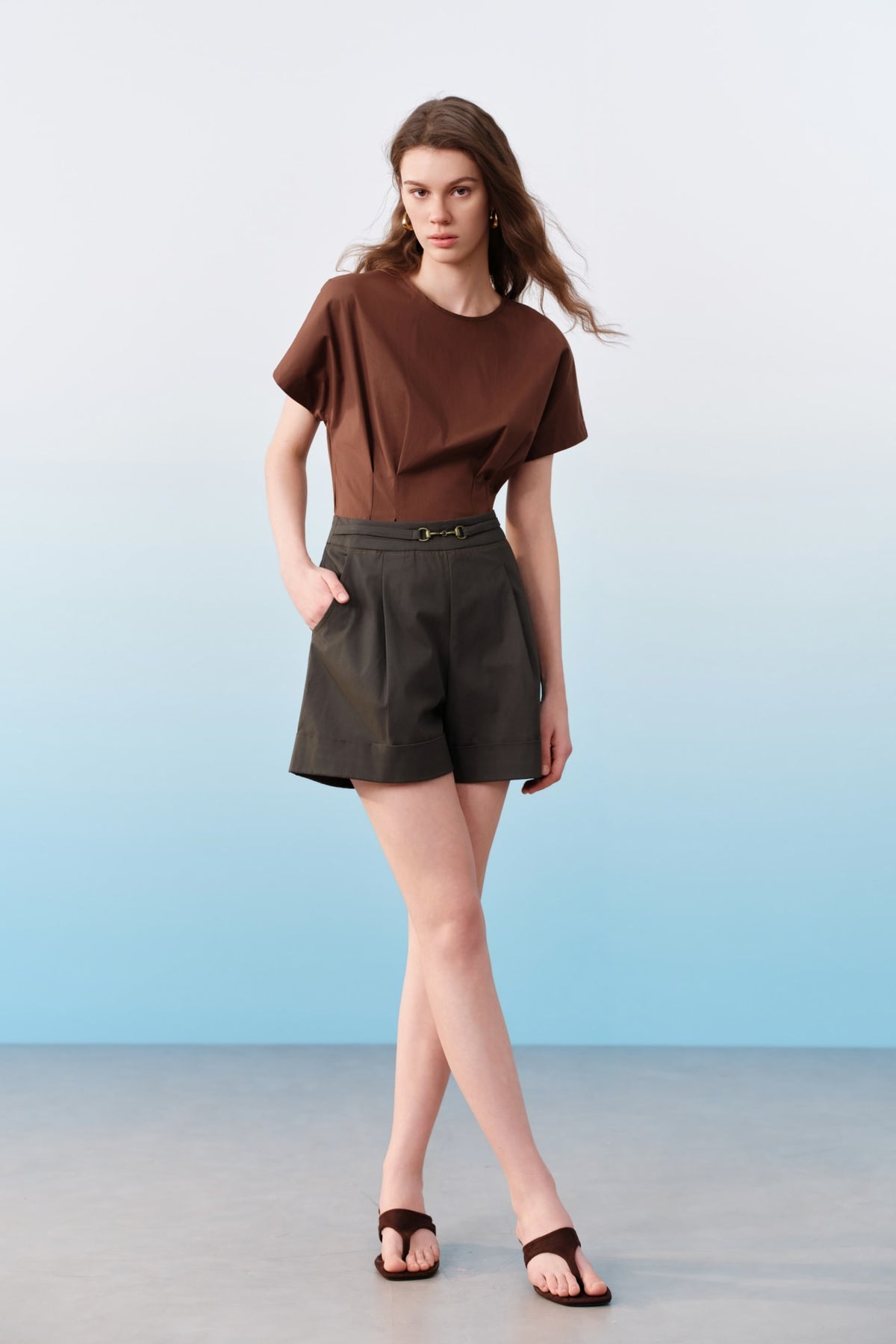 G2000 - Blouses - Pleated Cotton Poplin Stretch Round Neck Regular Fit Short Sleeve Shirt With Self Fabric Tie