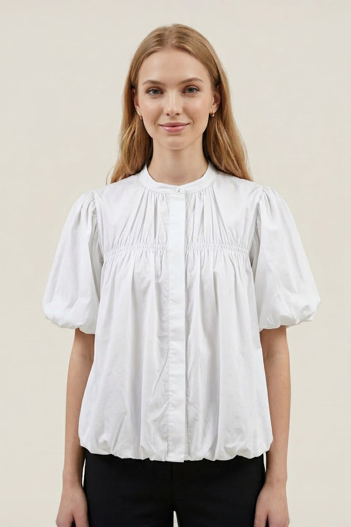 G2000 Blouses Cotton Poplin Stand Collar Regular Fit Smocked Puff Short Sleeve Shirt White Regular