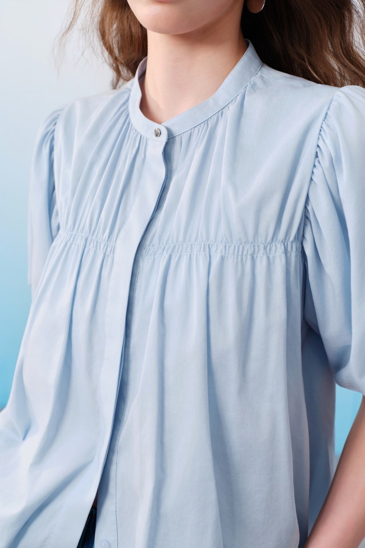 G2000 Blouses Cotton Poplin Stand Collar Regular Fit Smocked Puff Short Sleeve Shirt