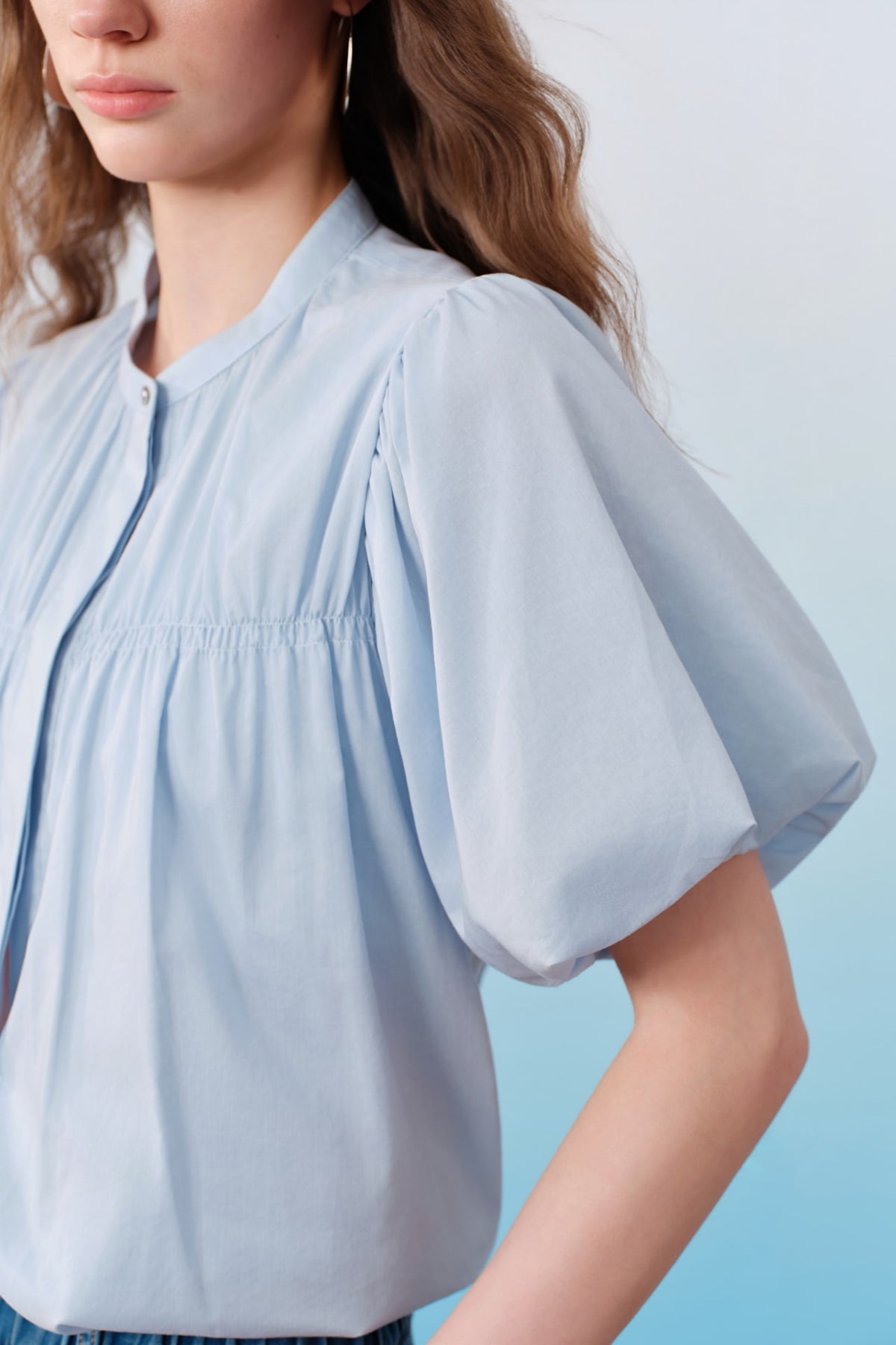 G2000 Blouses Cotton Poplin Stand Collar Regular Fit Smocked Puff Short Sleeve Shirt