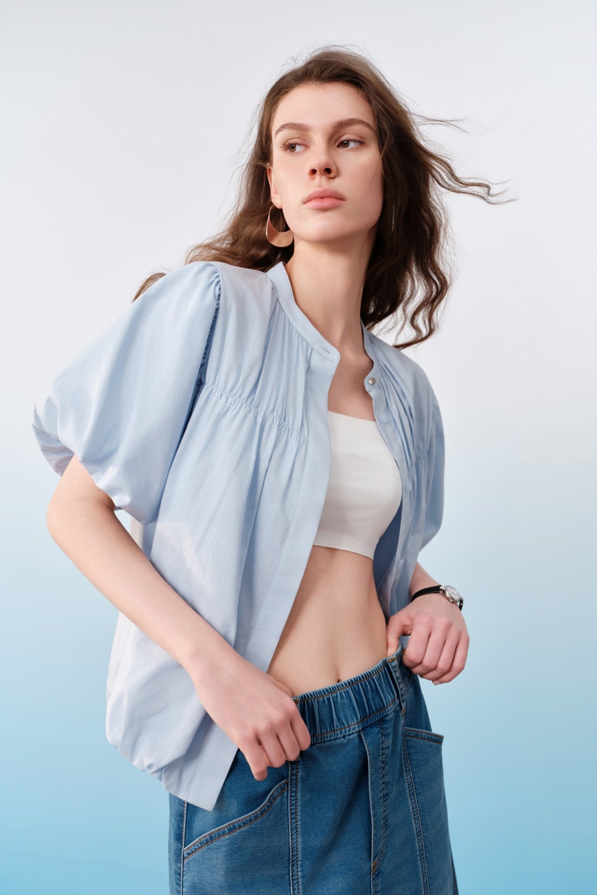 G2000 Blouses Cotton Poplin Stand Collar Regular Fit Smocked Puff Short Sleeve Shirt